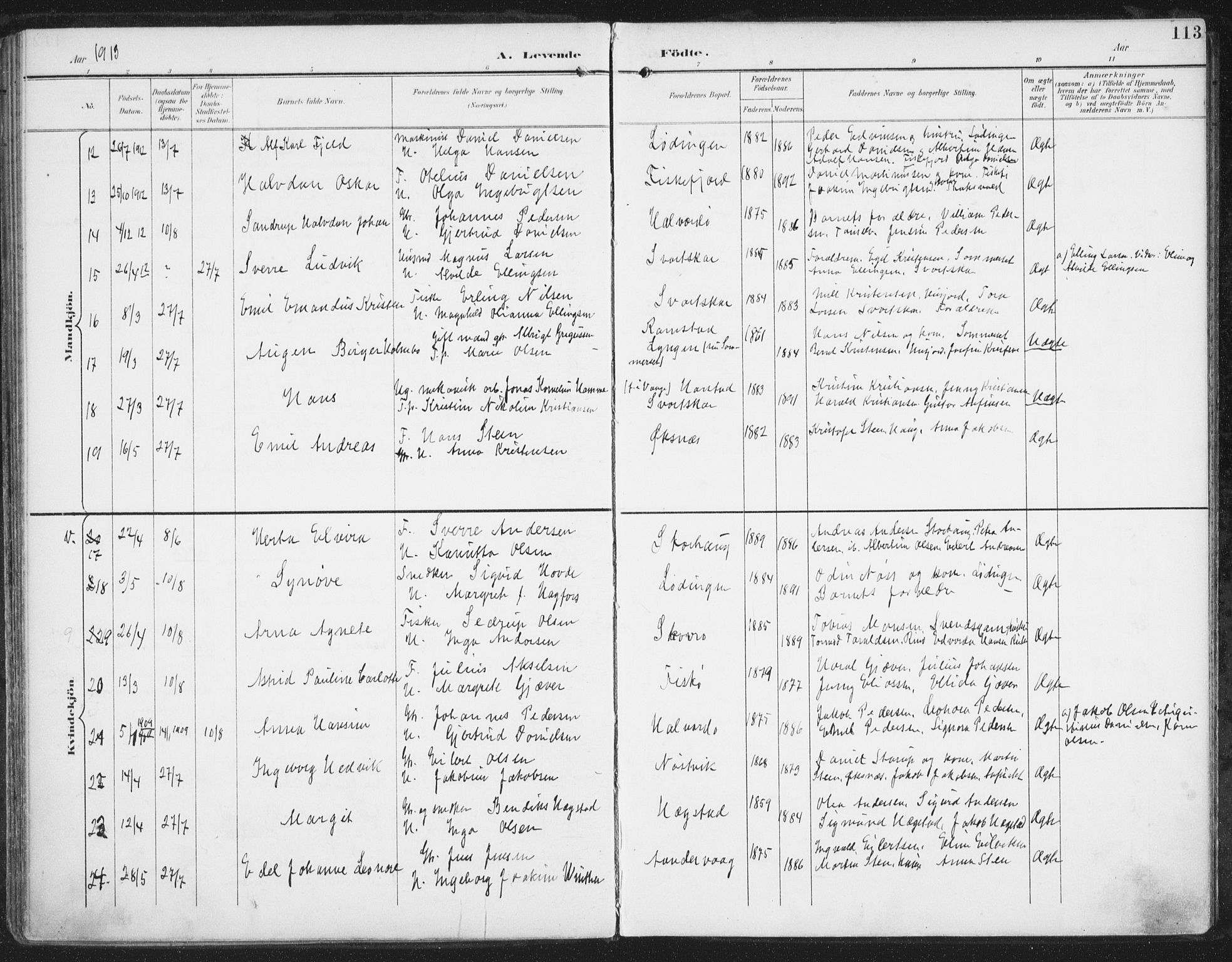 Ministerialprotokoller, klokkerbøker og fødselsregistre - Nordland, AV/SAT-A-1459/872/L1036: Parish register (official) no. 872A11, 1897-1913, p. 113