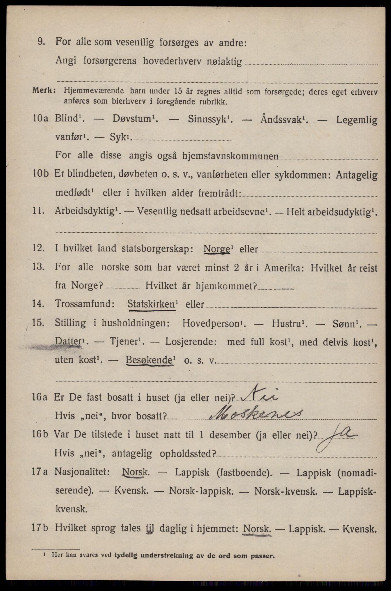 SAT, 1920 census for Moskenes, 1920, p. 2905