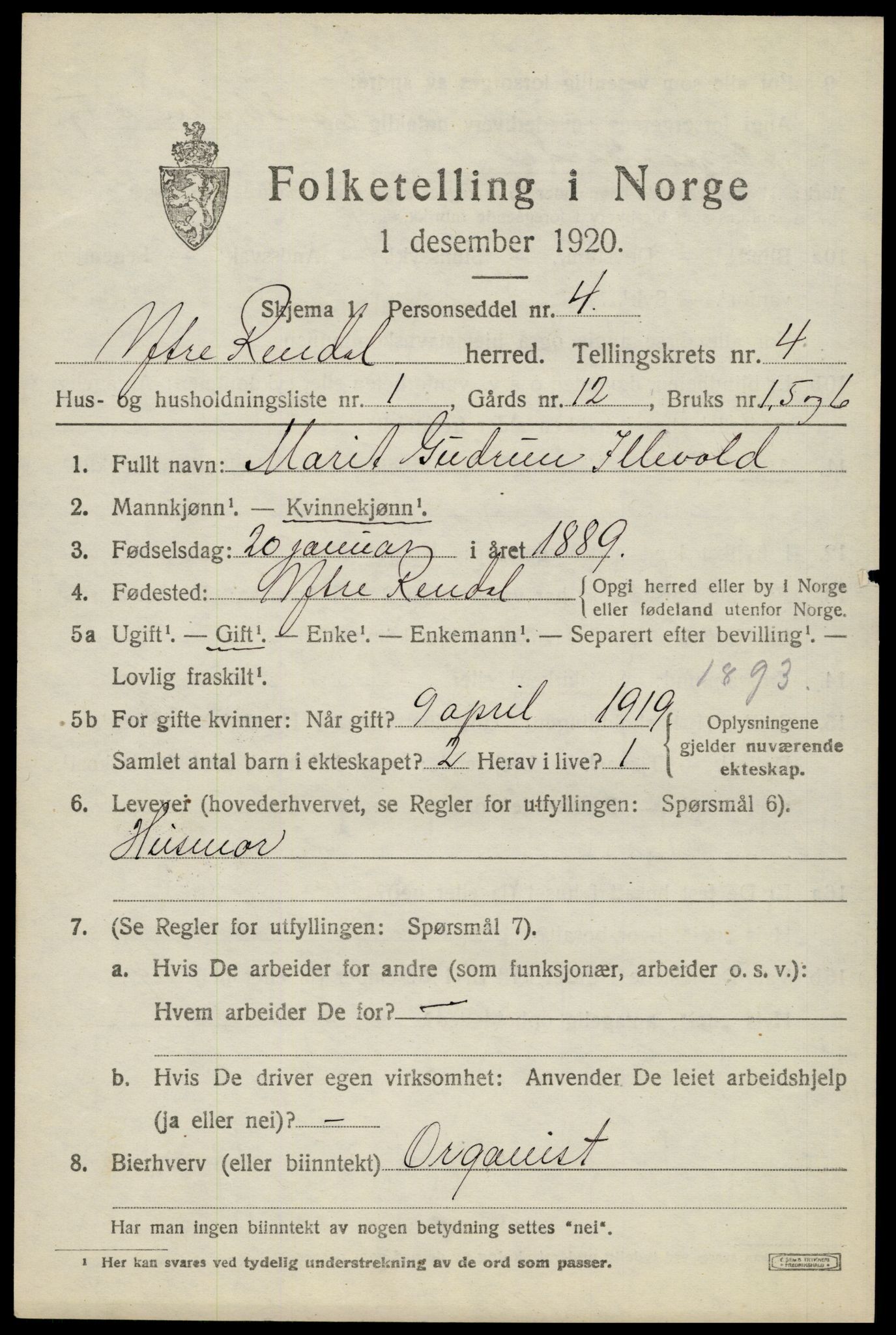 SAH, 1920 census for Ytre Rendal, 1920, p. 2055