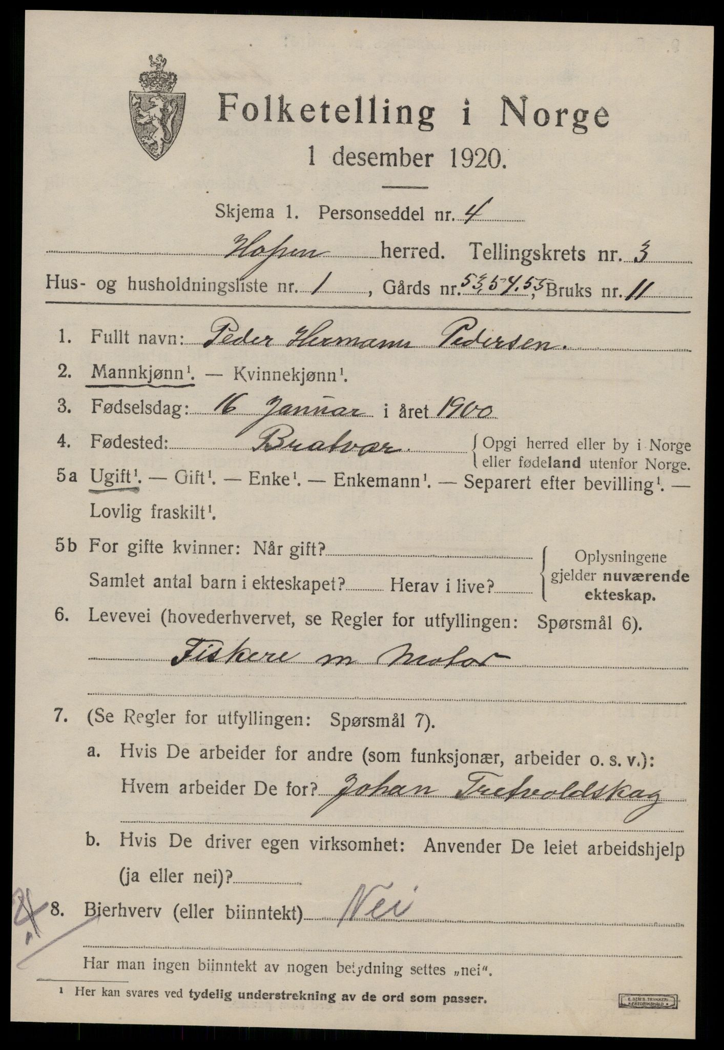 SAT, 1920 census for Hopen, 1920, p. 1504