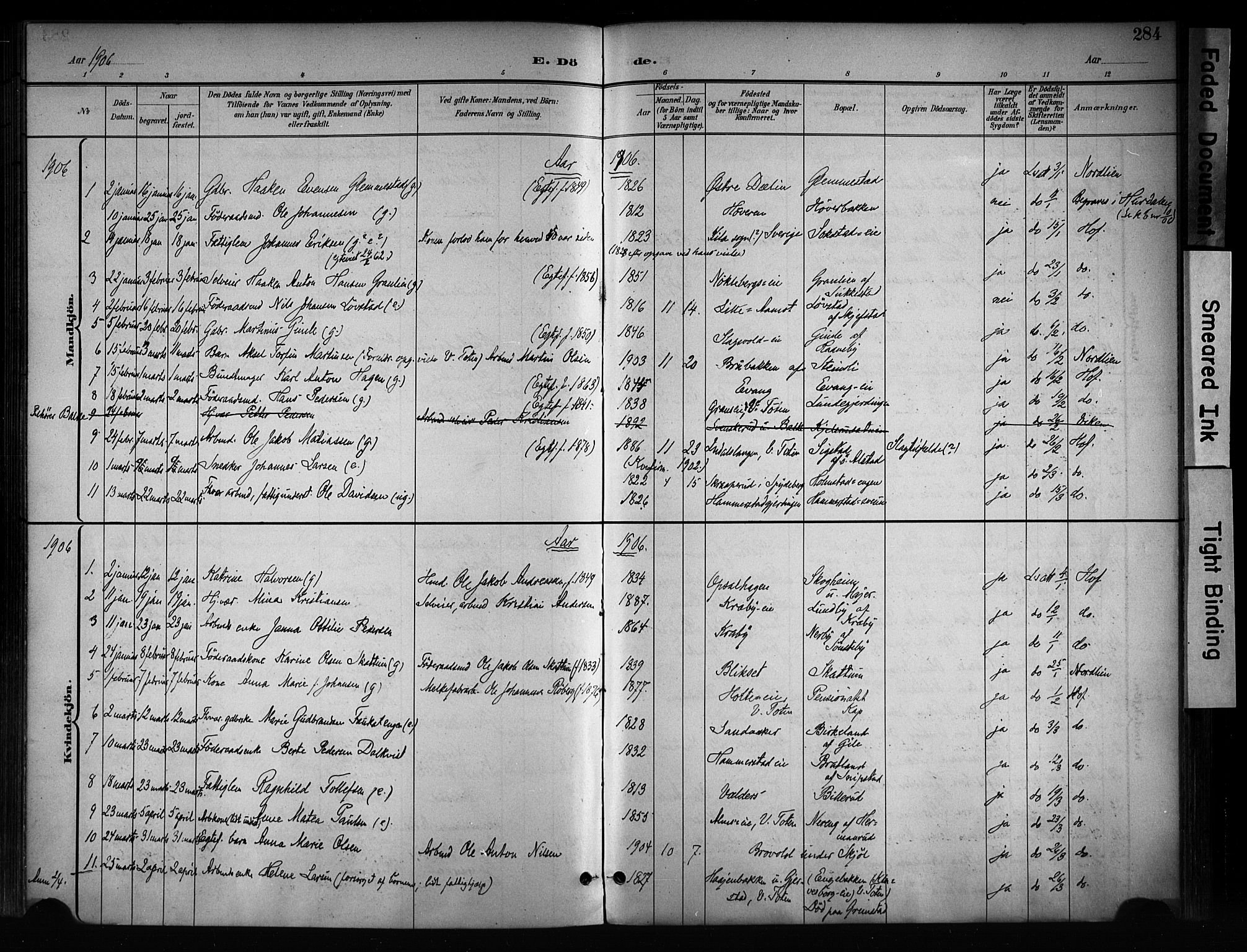 Østre Toten prestekontor, SAH/PREST-104/H/Ha/Haa/L0008: Parish register (official) no. 8, 1897-1909, p. 284