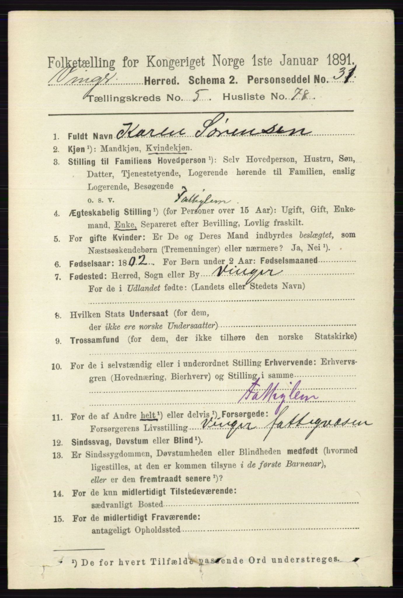 RA, 1891 census for 0421 Vinger, 1891, p. 2506