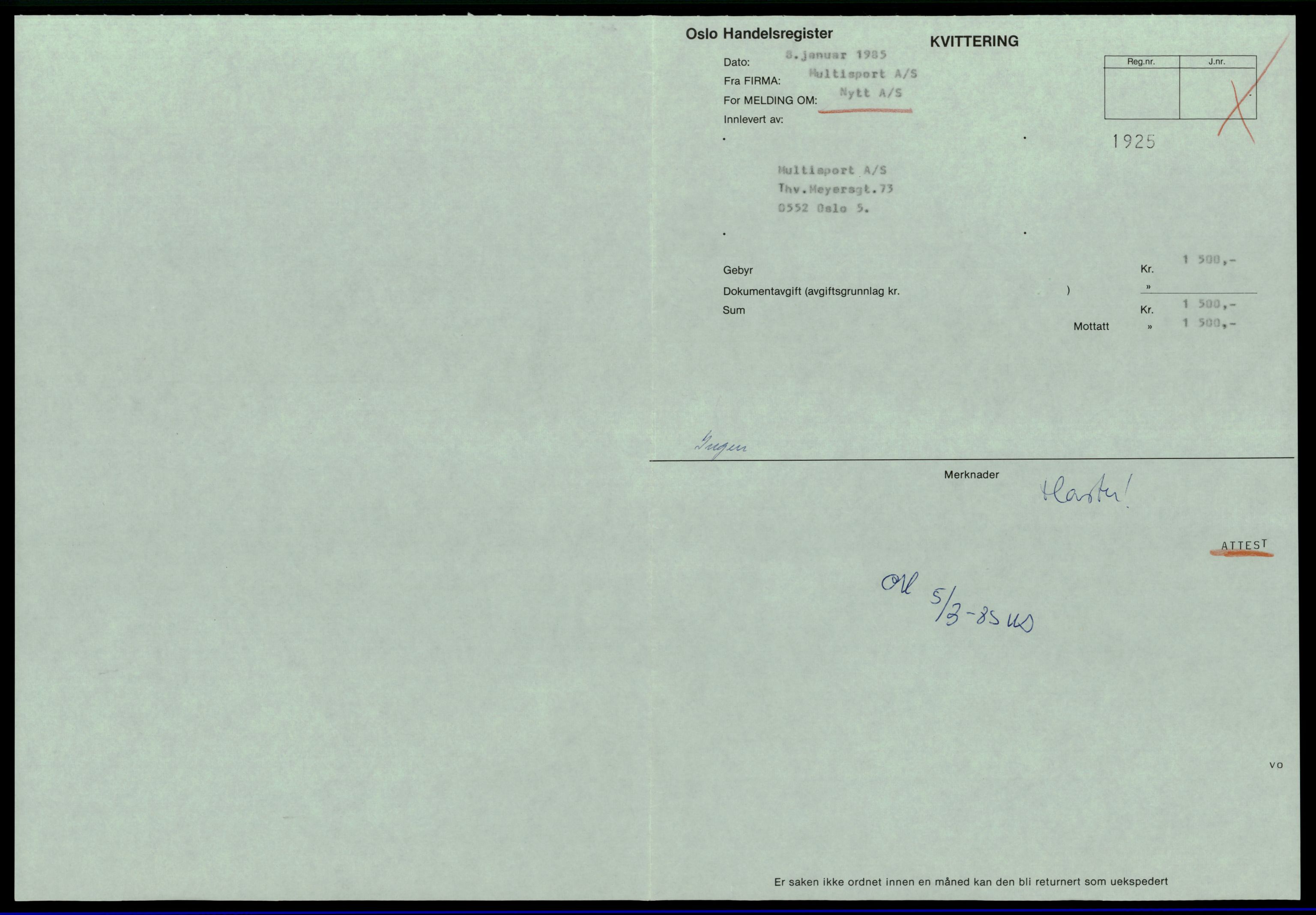 Oslo byfogd, Handelsregisteret, SAT/A-10867/G/Gc/Gca/L0531: Ikke konverterte foretak, Multisp-Mun, 1890-1990, p. 1
