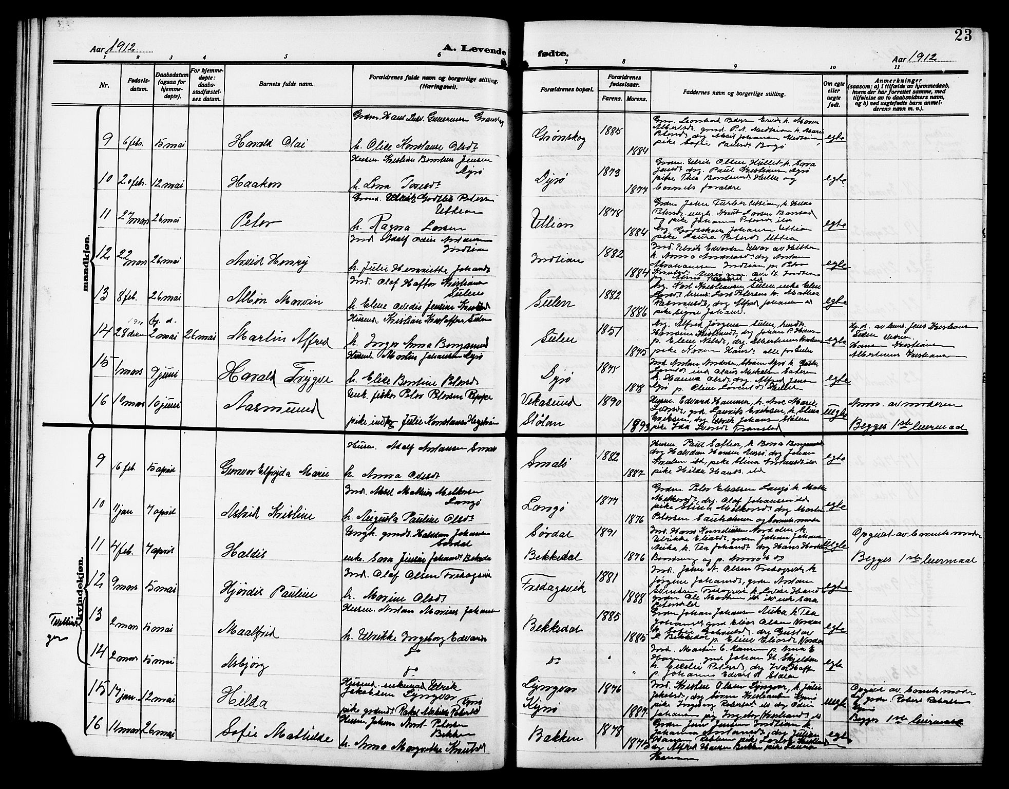 Ministerialprotokoller, klokkerbøker og fødselsregistre - Sør-Trøndelag, SAT/A-1456/640/L0588: Parish register (copy) no. 640C05, 1909-1922, p. 23