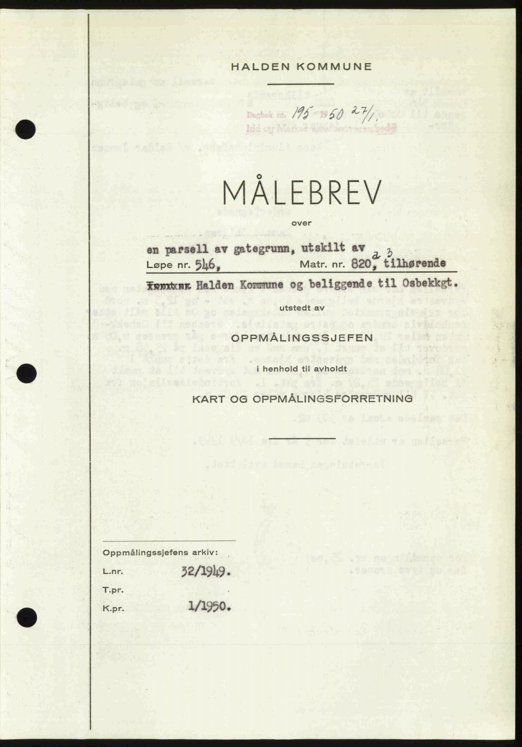 Idd og Marker sorenskriveri, AV/SAO-A-10283/G/Gb/Gbb/L0013: Mortgage book no. A13, 1949-1950, Diary no: : 195/1950