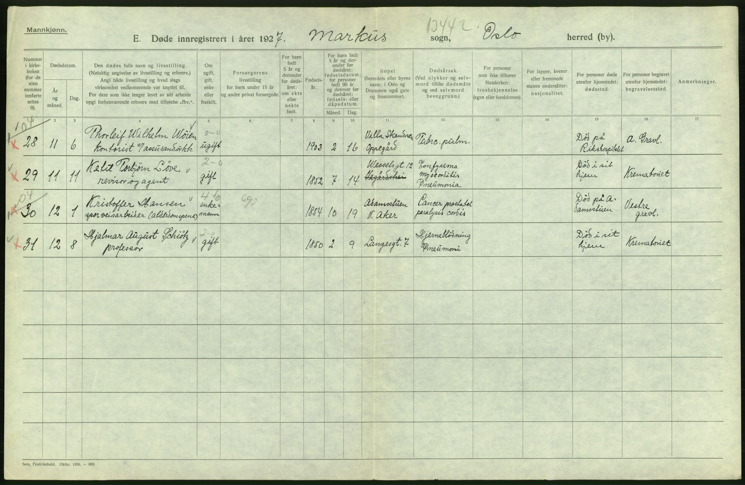 Statistisk sentralbyrå, Sosiodemografiske emner, Befolkning, AV/RA-S-2228/D/Df/Dfc/Dfcg/L0009: Oslo: Døde menn, 1927, p. 232