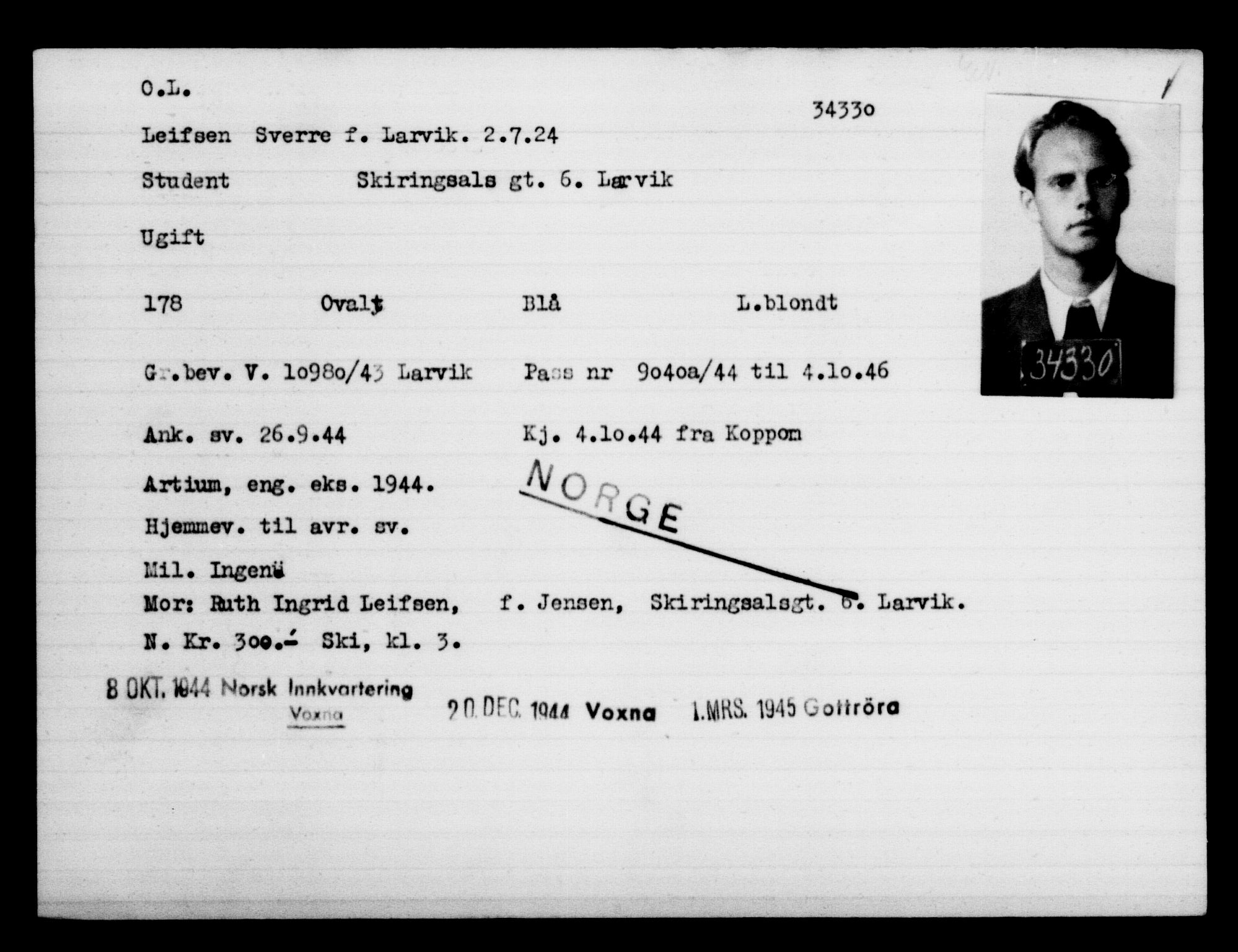 Utenriksstasjonene, Legasjonen i Stockholm, Flyktningkontoret, AV/RA-S-6753/V/Va/L0013: Kjesäterkartoteket, flyktninger med registreringsnr. 31500-34731, 1940-1945, p. 2983