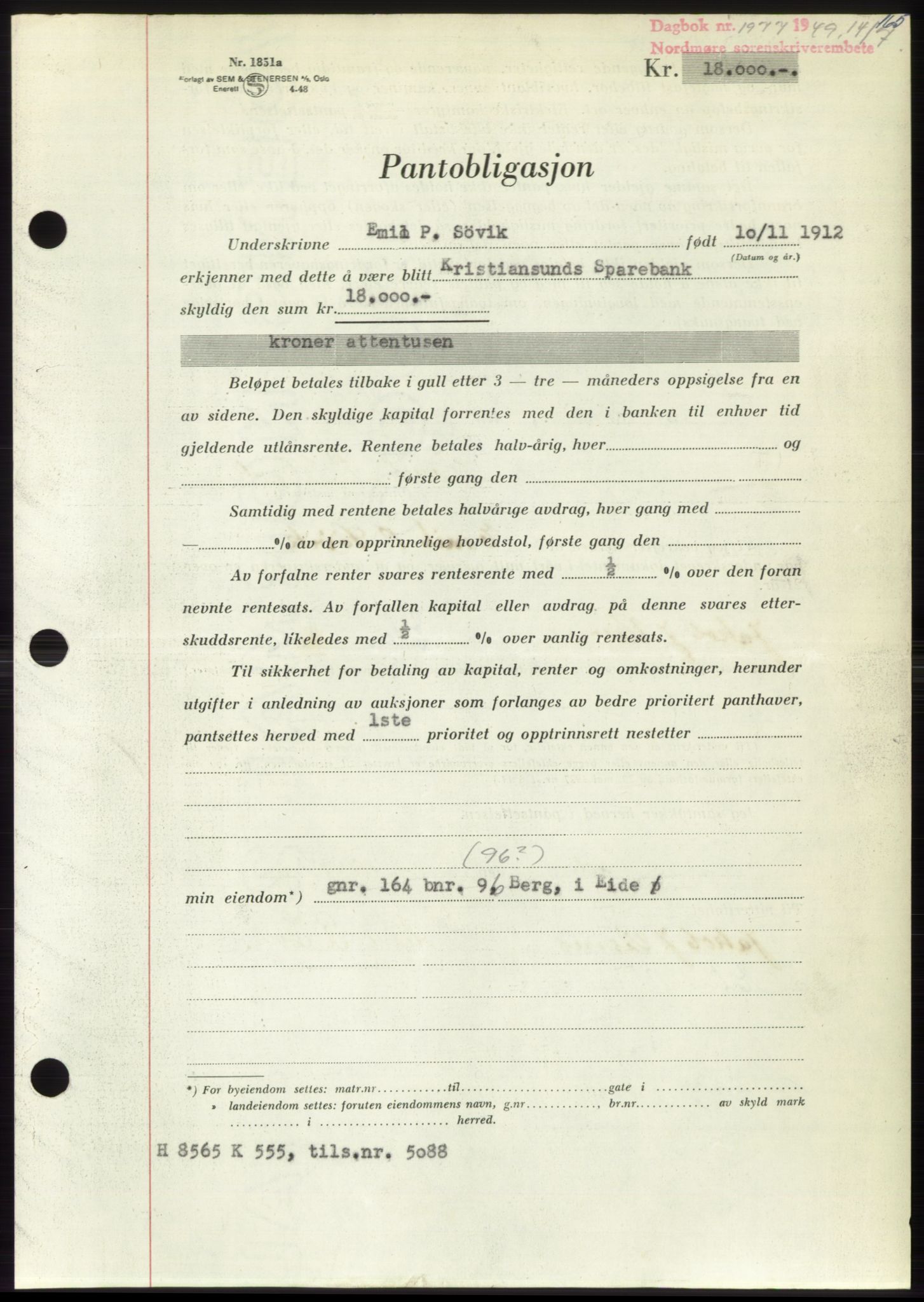 Nordmøre sorenskriveri, AV/SAT-A-4132/1/2/2Ca: Mortgage book no. B102, 1949-1949, Diary no: : 1977/1949