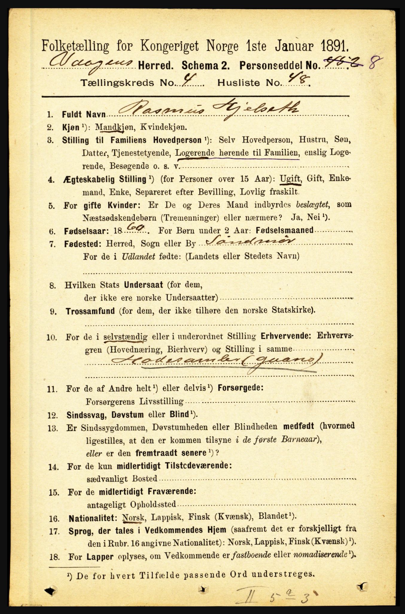 RA, 1891 census for 1865 Vågan, 1891, p. 1394