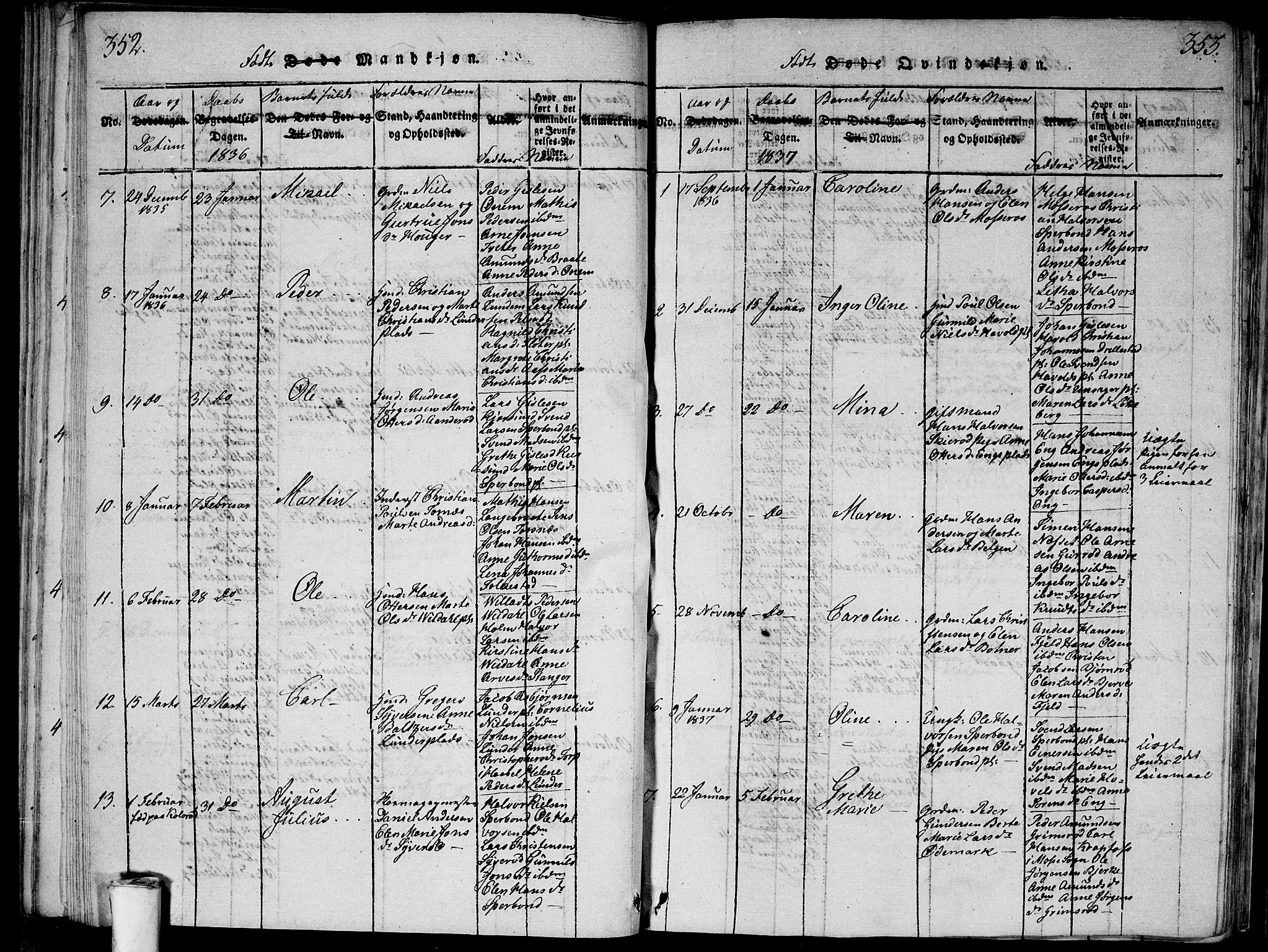 Våler prestekontor Kirkebøker, SAO/A-11083/G/Ga/L0001: Parish register (copy) no. I 1, 1815-1839, p. 352-353