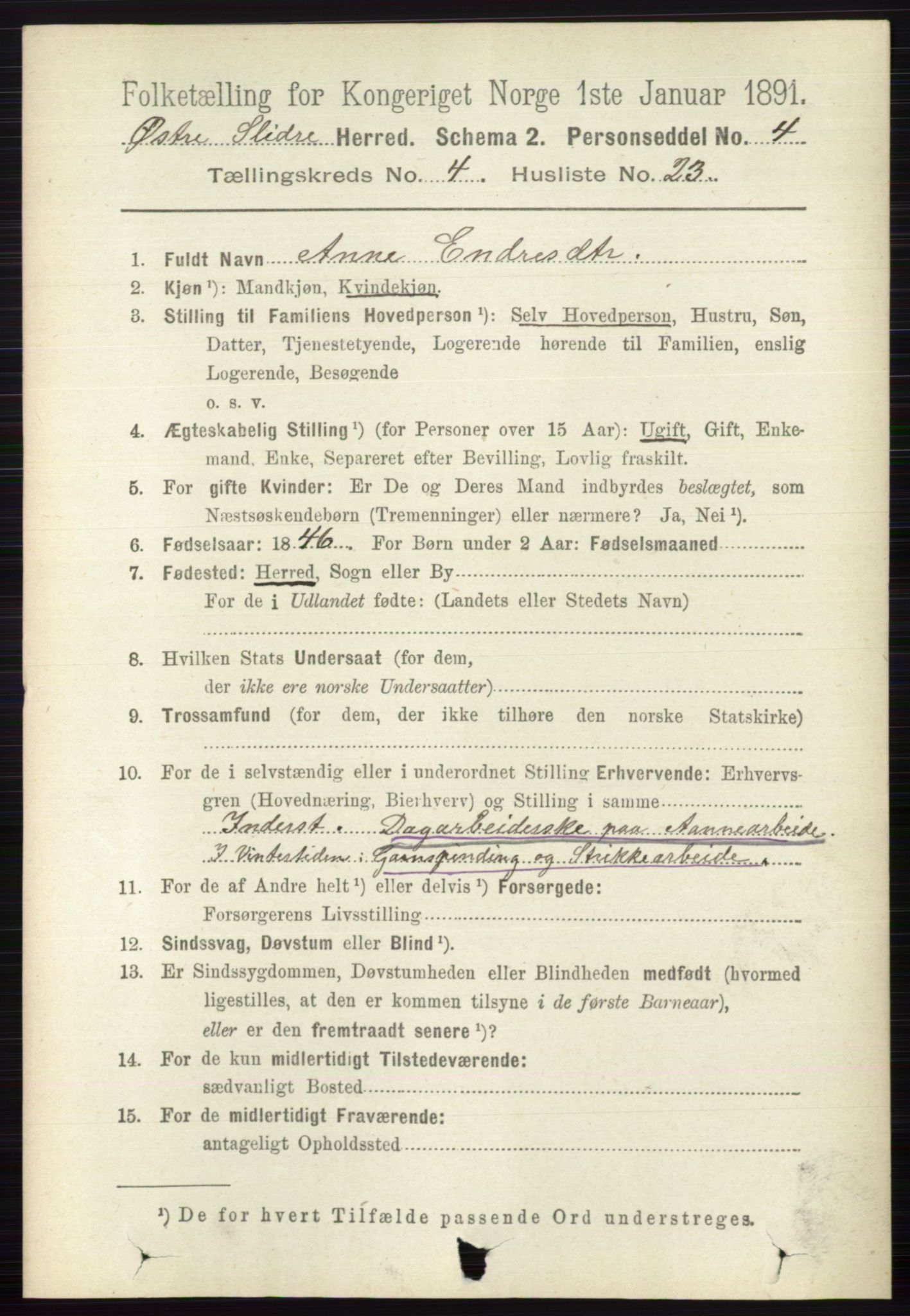 RA, 1891 census for 0544 Øystre Slidre, 1891, p. 1317