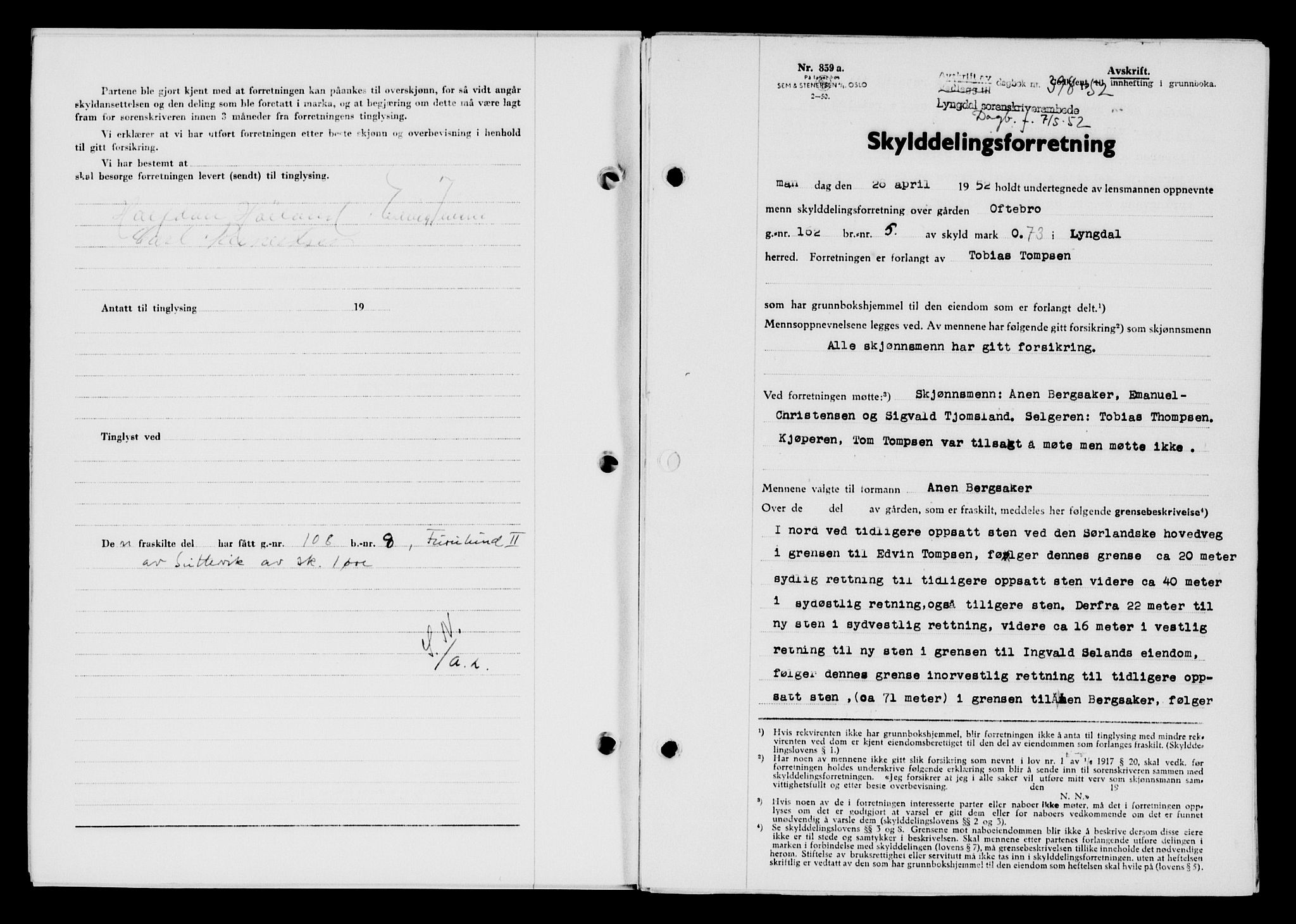 Lyngdal sorenskriveri, AV/SAK-1221-0004/G/Gb/L0667: Mortgage book no. A XIII, 1951-1952, Diary no: : 398/1952