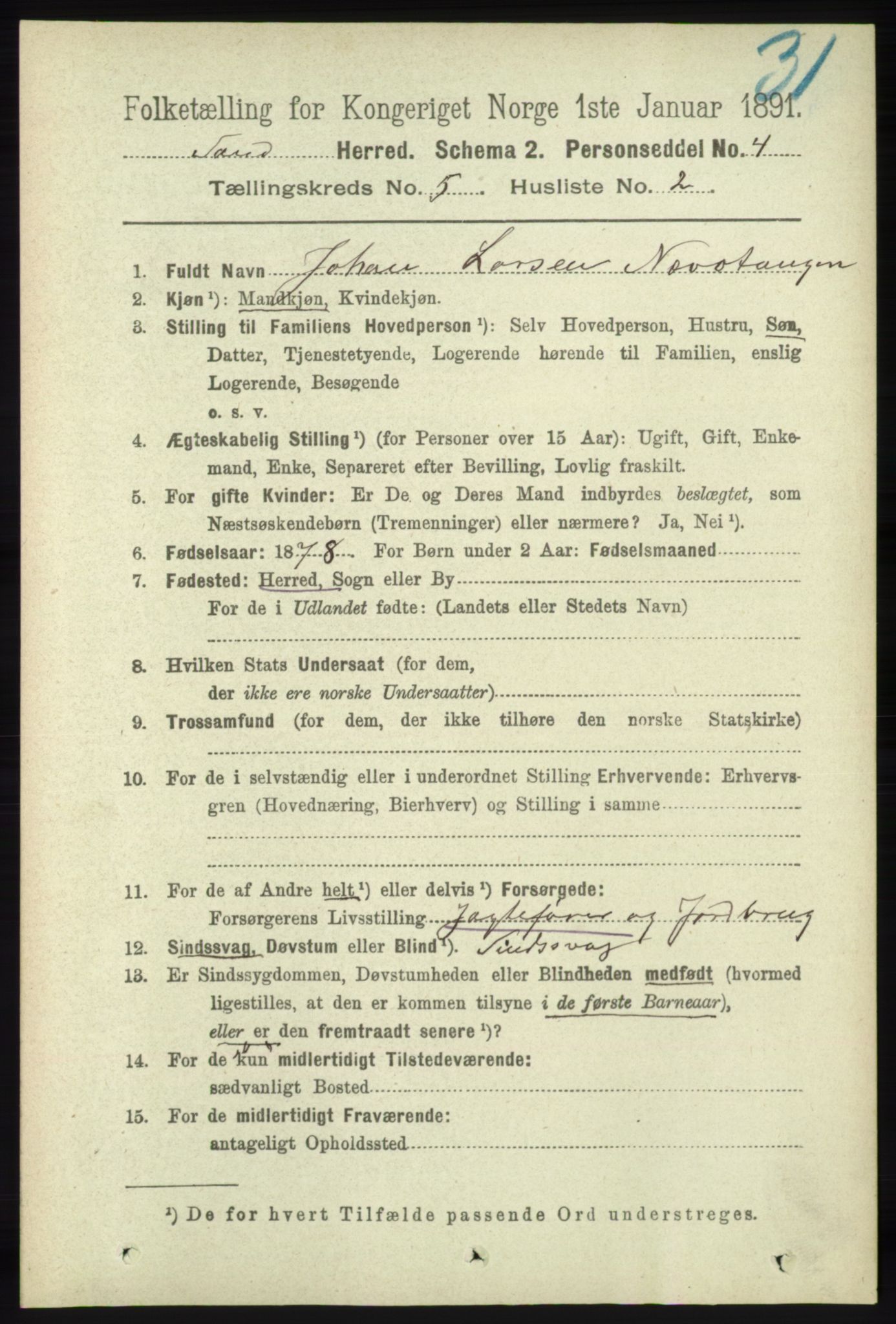 RA, 1891 census for 1136 Sand, 1891, p. 1556