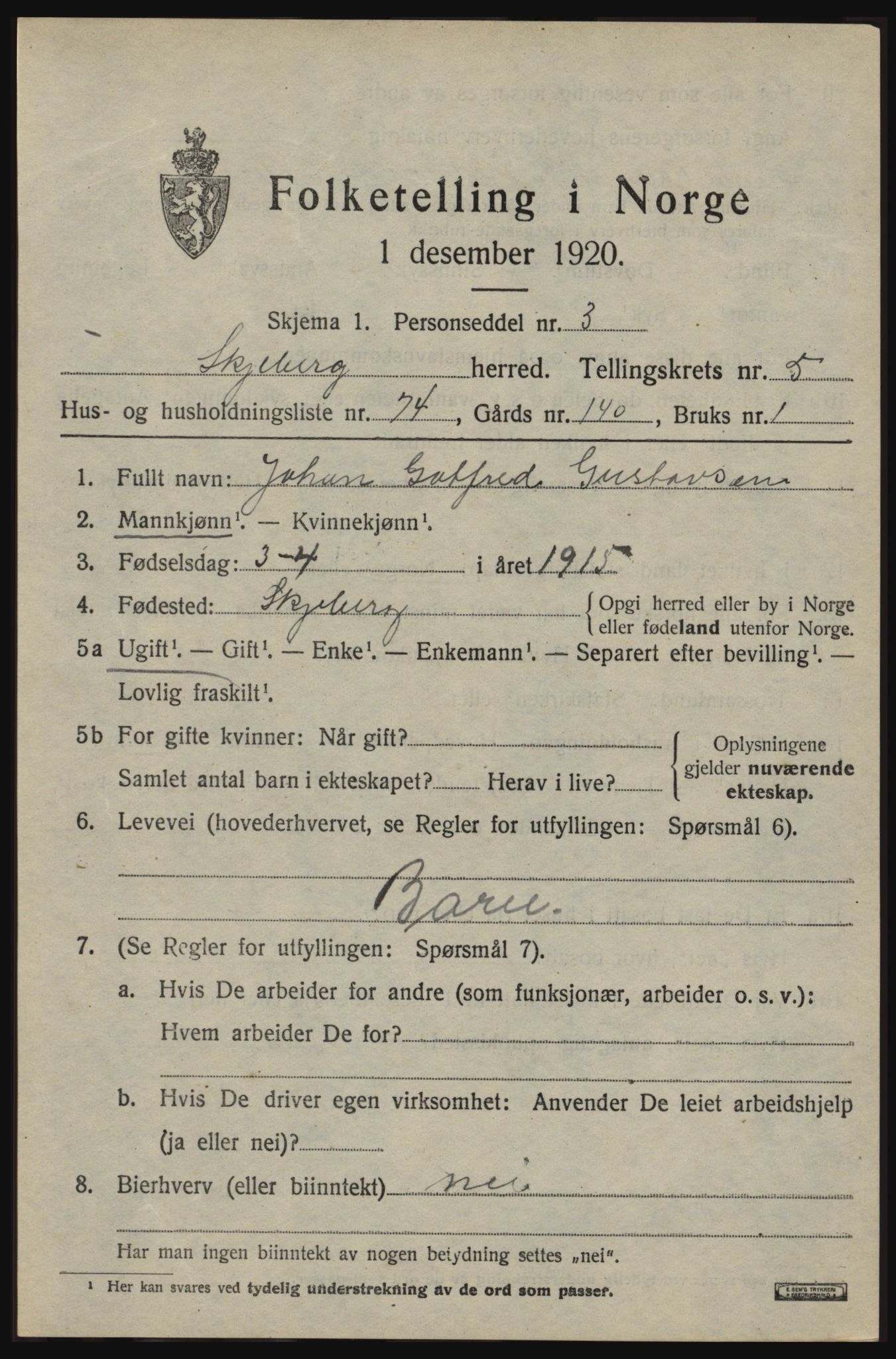 SAO, 1920 census for Skjeberg, 1920, p. 6571