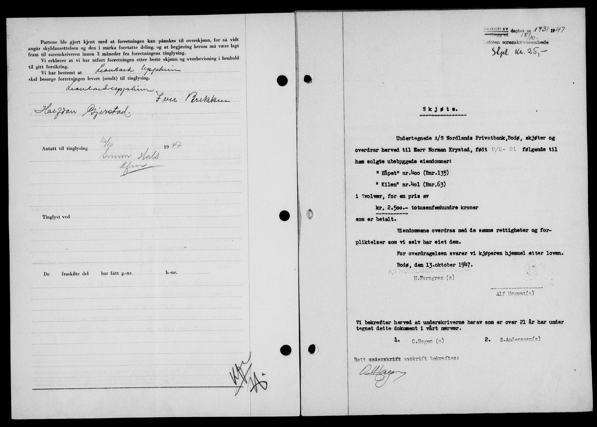 Lofoten sorenskriveri, SAT/A-0017/1/2/2C/L0017a: Mortgage book no. 17a, 1947-1948, Diary no: : 1731/1947