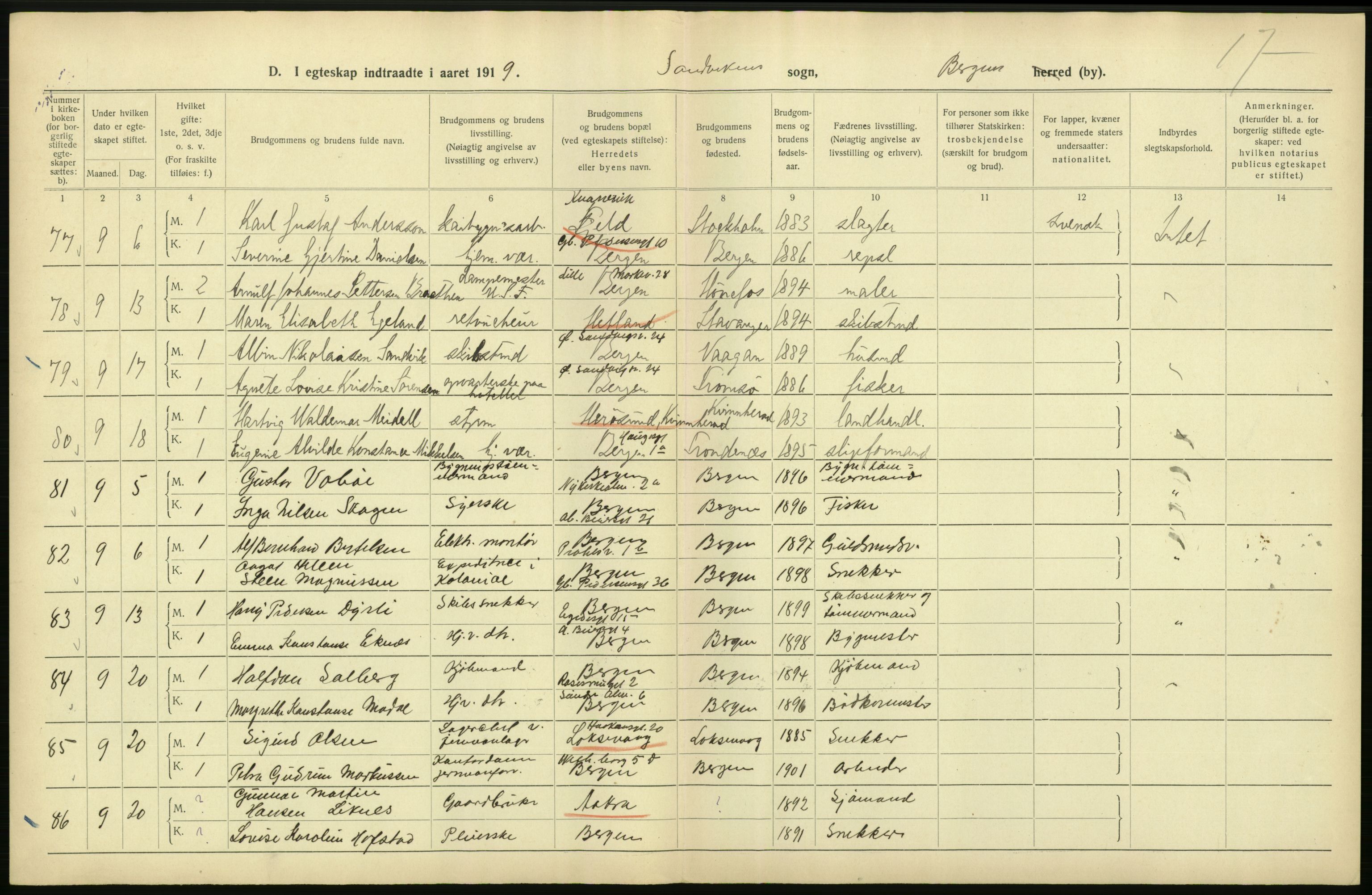 Statistisk sentralbyrå, Sosiodemografiske emner, Befolkning, AV/RA-S-2228/D/Df/Dfb/Dfbi/L0035: Bergen: Gifte, døde, dødfødte., 1919, p. 62