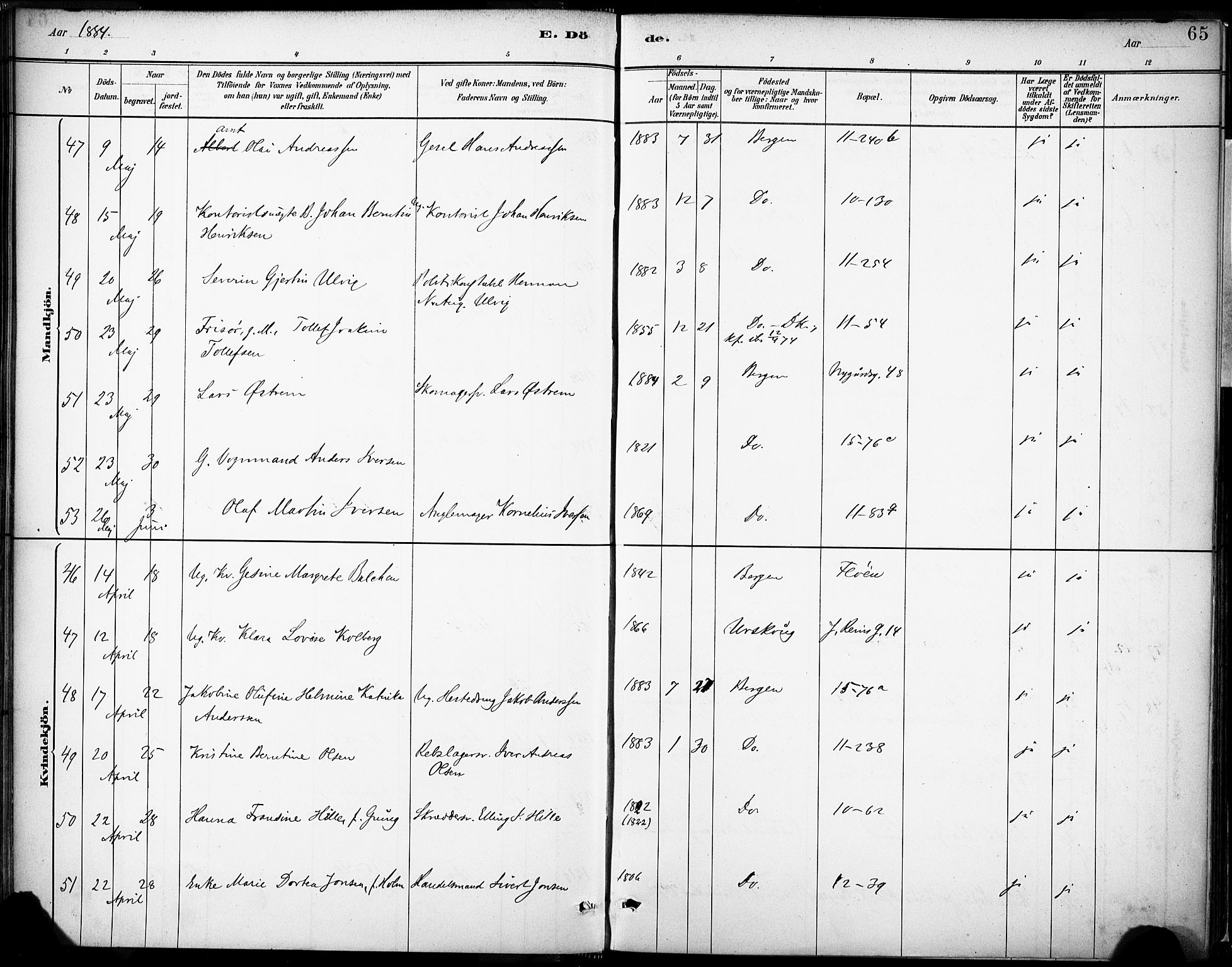 Domkirken sokneprestembete, AV/SAB-A-74801/H/Haa/L0043: Parish register (official) no. E 5, 1882-1904, p. 65