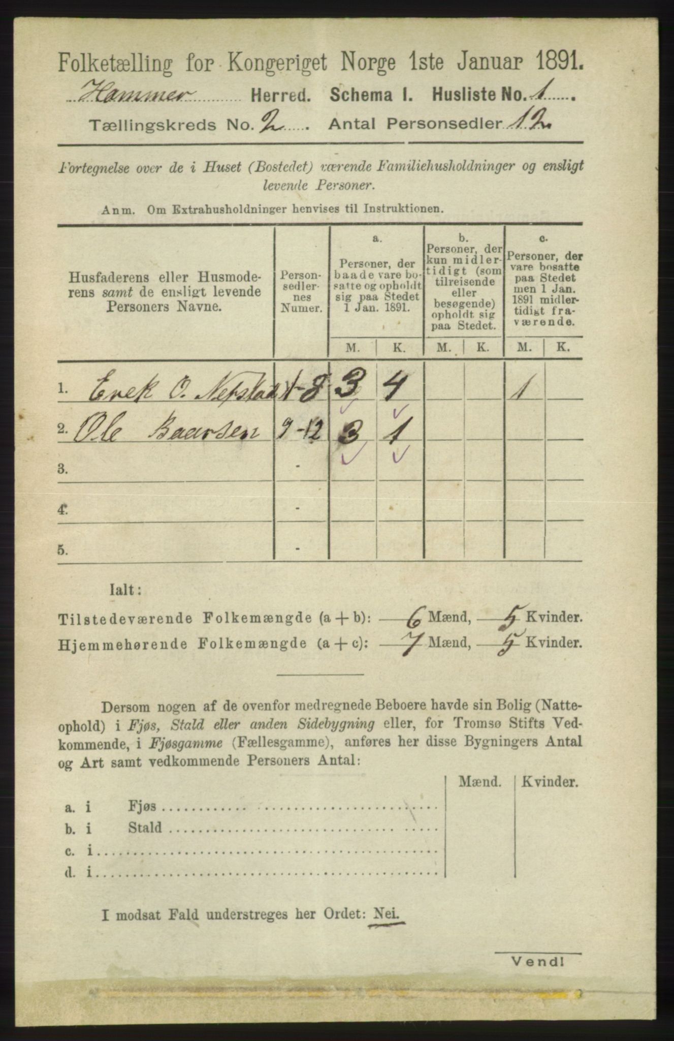 RA, 1891 census for 1254 Hamre, 1891, p. 187