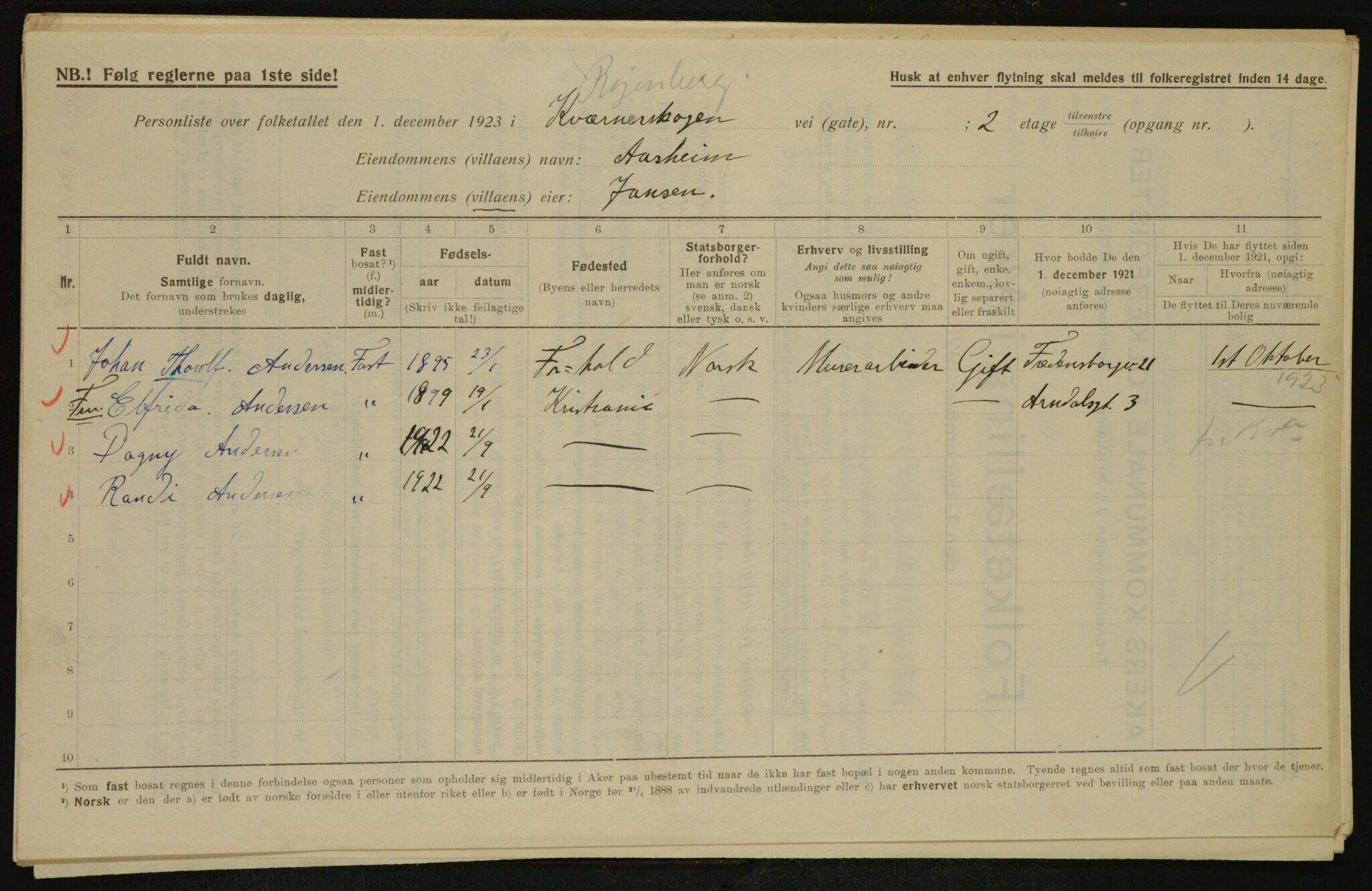 , Municipal Census 1923 for Aker, 1923, p. 29942