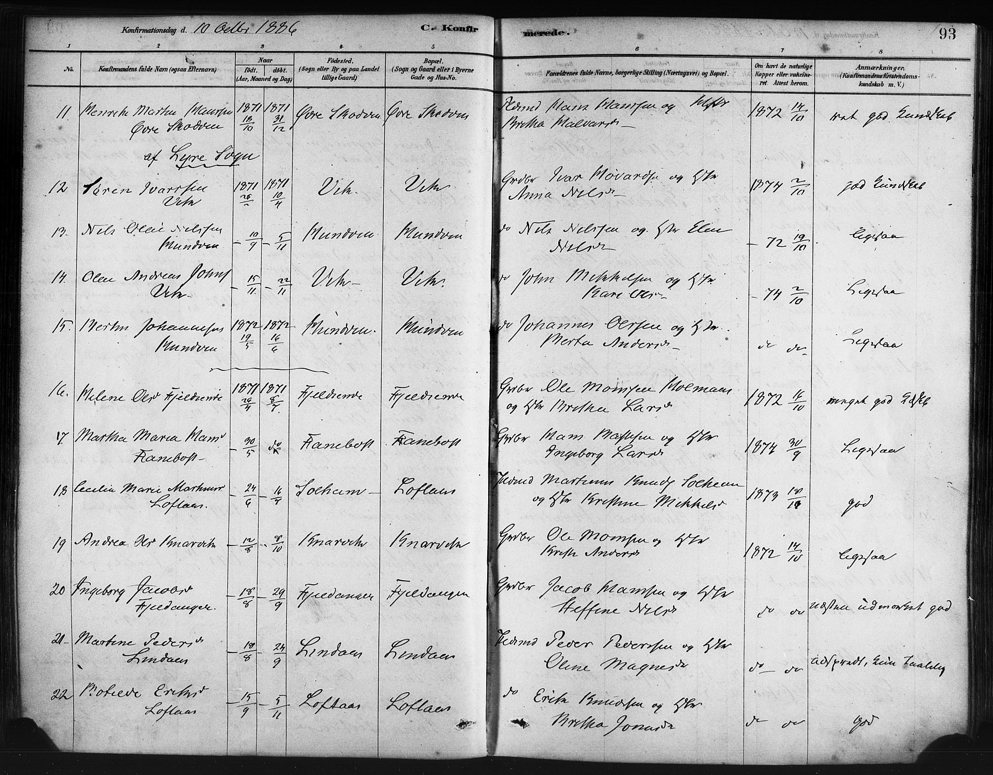 Lindås Sokneprestembete, SAB/A-76701/H/Haa: Parish register (official) no. A 19, 1878-1912, p. 93