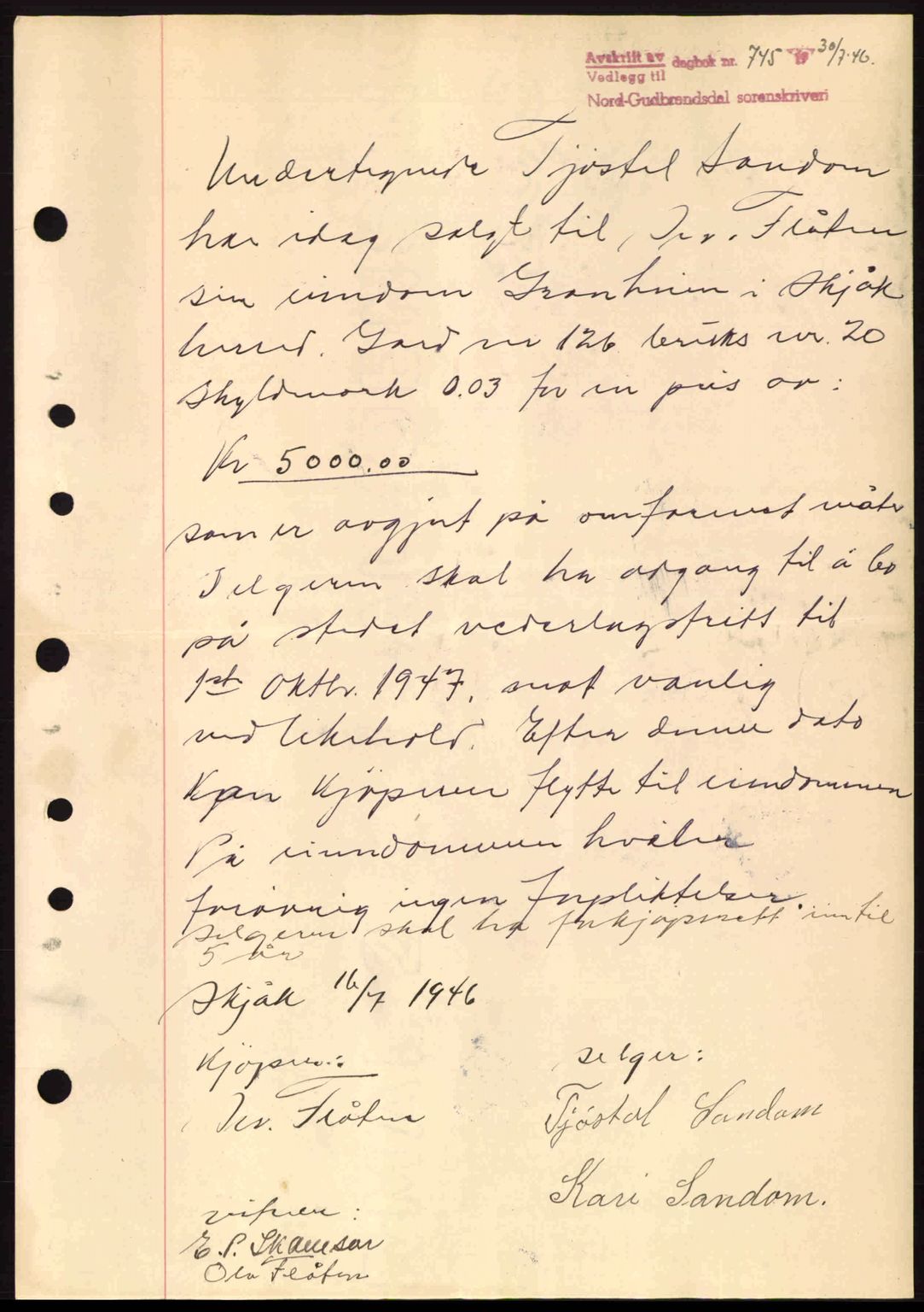 Nord-Gudbrandsdal tingrett, AV/SAH-TING-002/H/Hb/Hbc/L0005: Mortgage book no. B55-B59, 1946-1949, Diary no: : 745/1946
