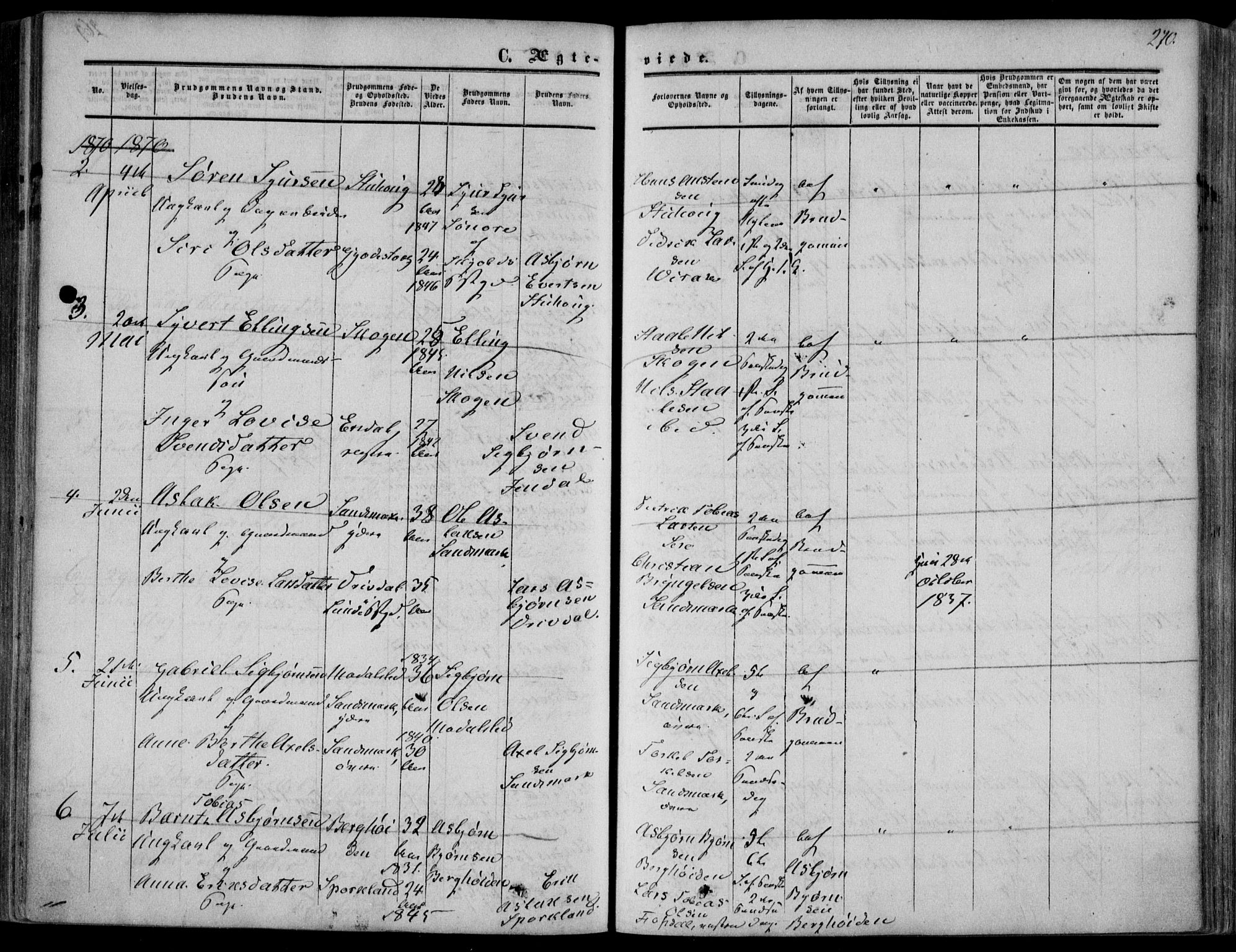 Bakke sokneprestkontor, AV/SAK-1111-0002/F/Fa/Faa/L0006: Parish register (official) no. A 6, 1855-1877, p. 270