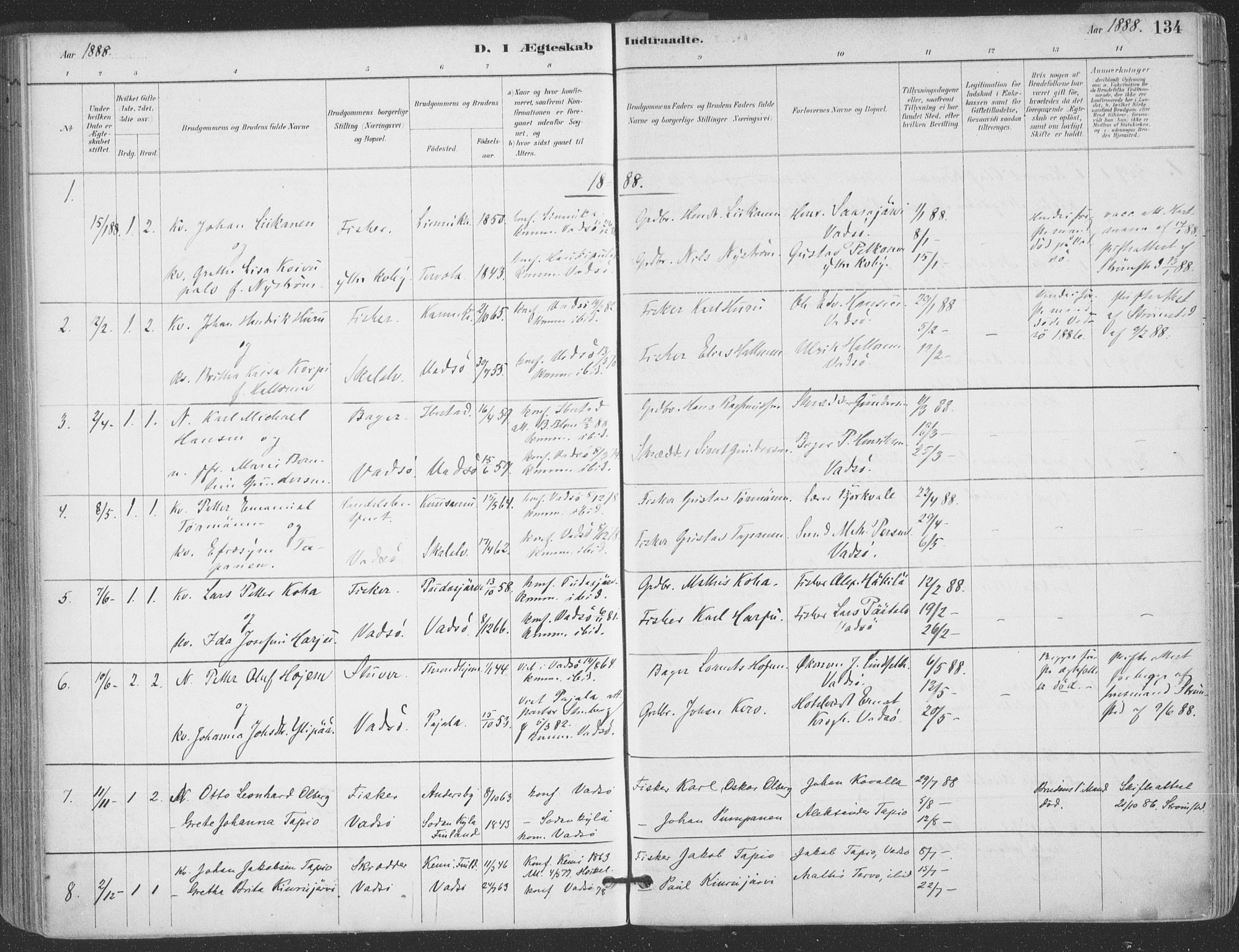 Vadsø sokneprestkontor, SATØ/S-1325/H/Ha/L0006kirke: Parish register (official) no. 6, 1885-1895, p. 134