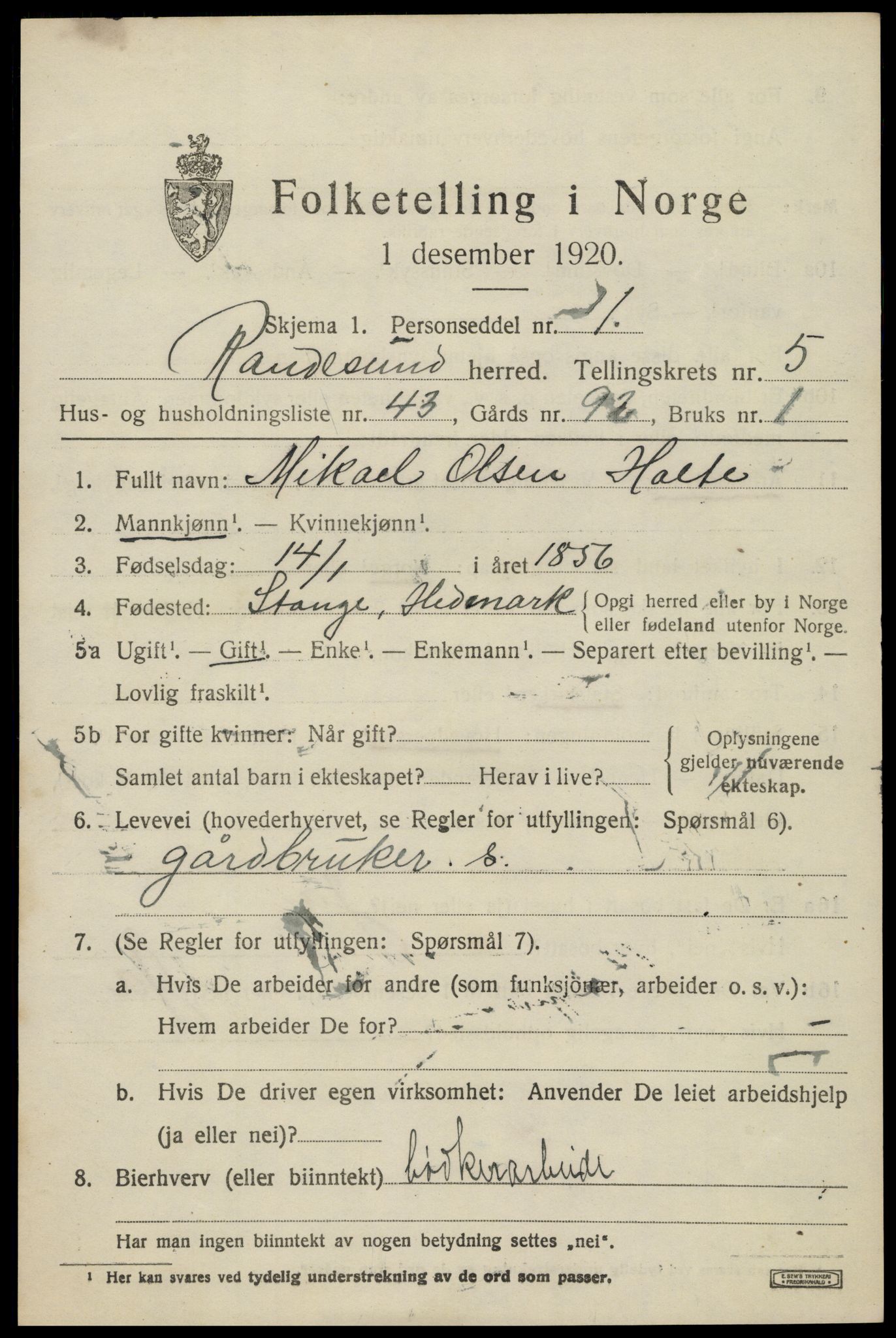 SAK, 1920 census for Randesund, 1920, p. 2712