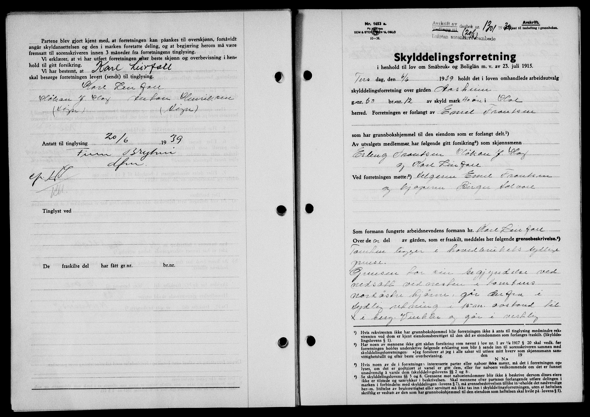 Lofoten sorenskriveri, SAT/A-0017/1/2/2C/L0005a: Mortgage book no. 5a, 1939-1939, Diary no: : 1301/1939