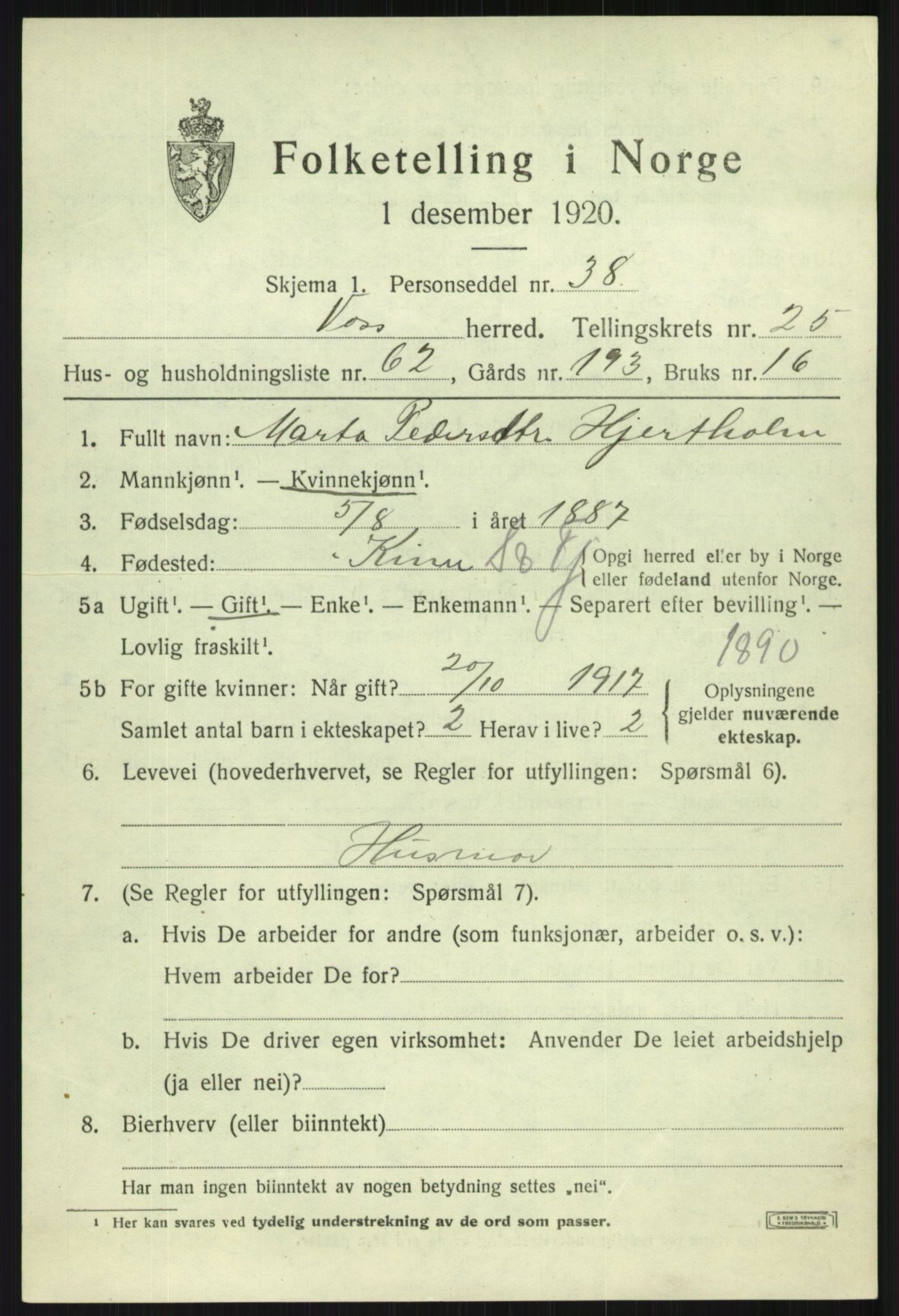 SAB, 1920 census for Voss, 1920, p. 17737