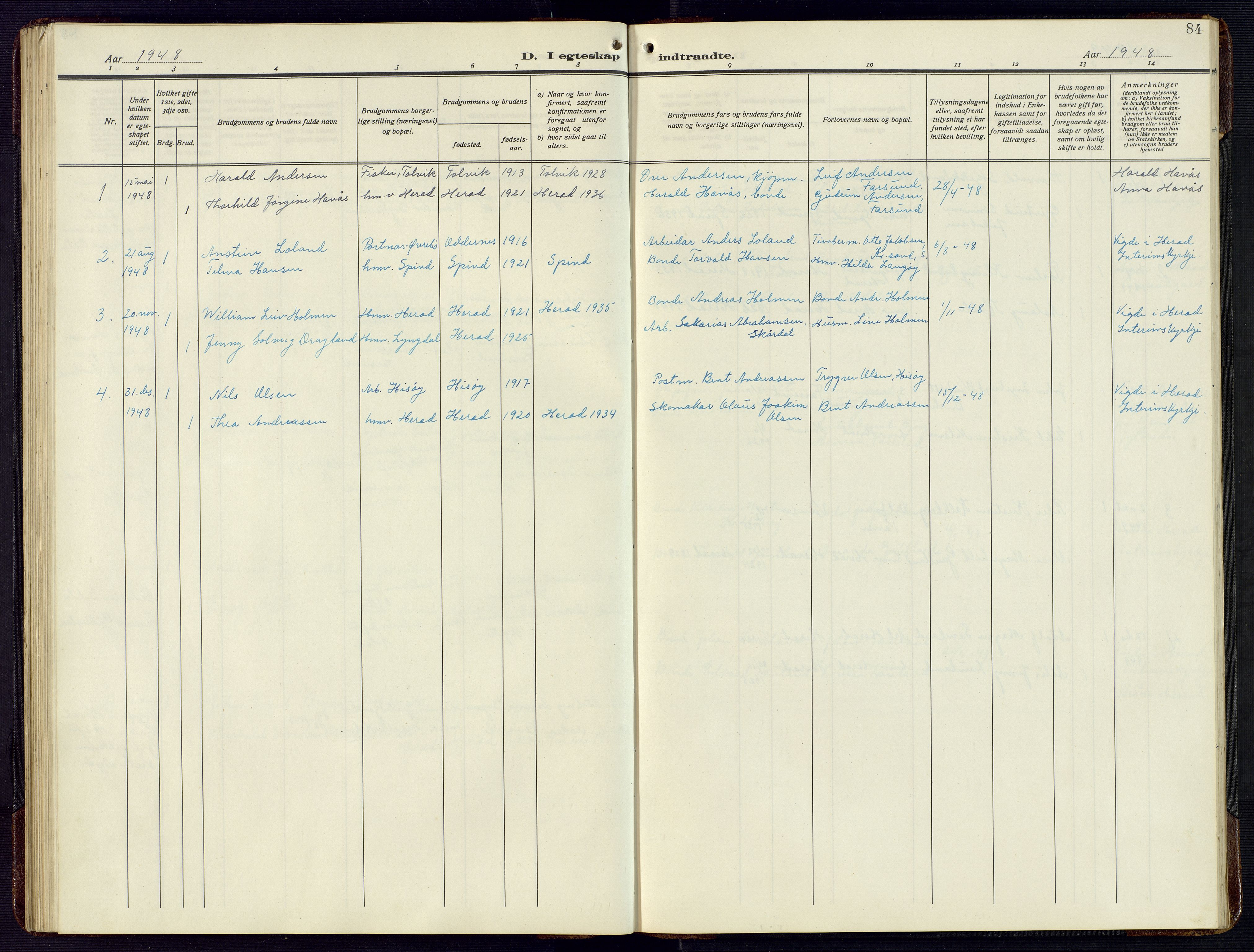 Herad sokneprestkontor, AV/SAK-1111-0018/F/Fb/Fba/L0006: Parish register (copy) no. B 6, 1921-1959, p. 84