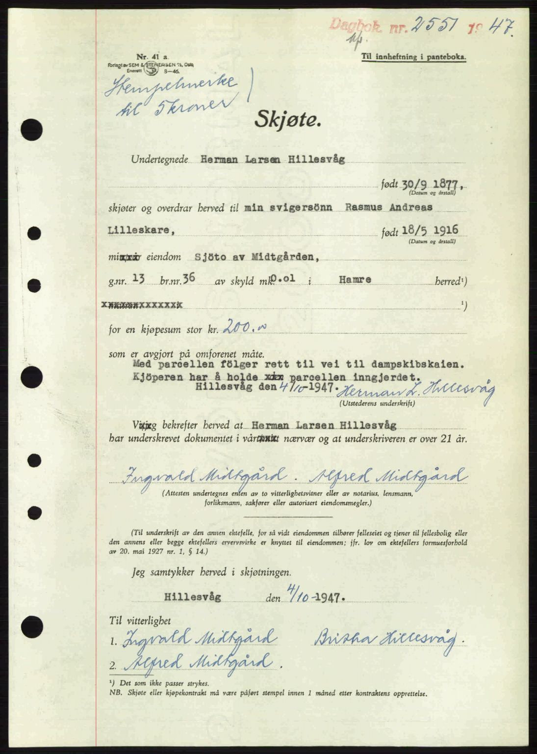 Nordhordland sorenskrivar, SAB/A-2901/1/G/Gb/Gbf/L0032: Mortgage book no. A32, 1947-1947, Diary no: : 2551/1947