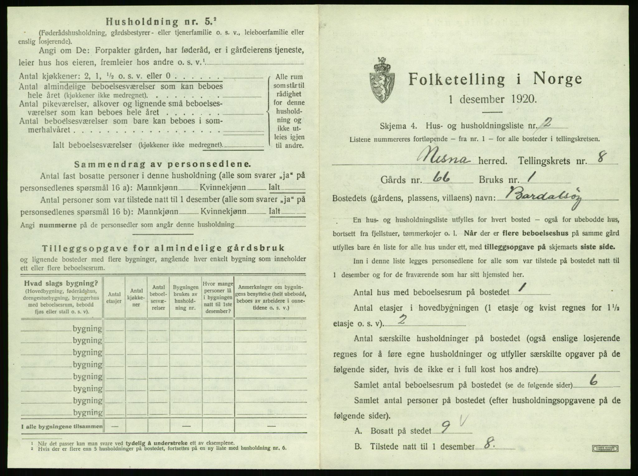 SAT, 1920 census for Nesna, 1920, p. 933