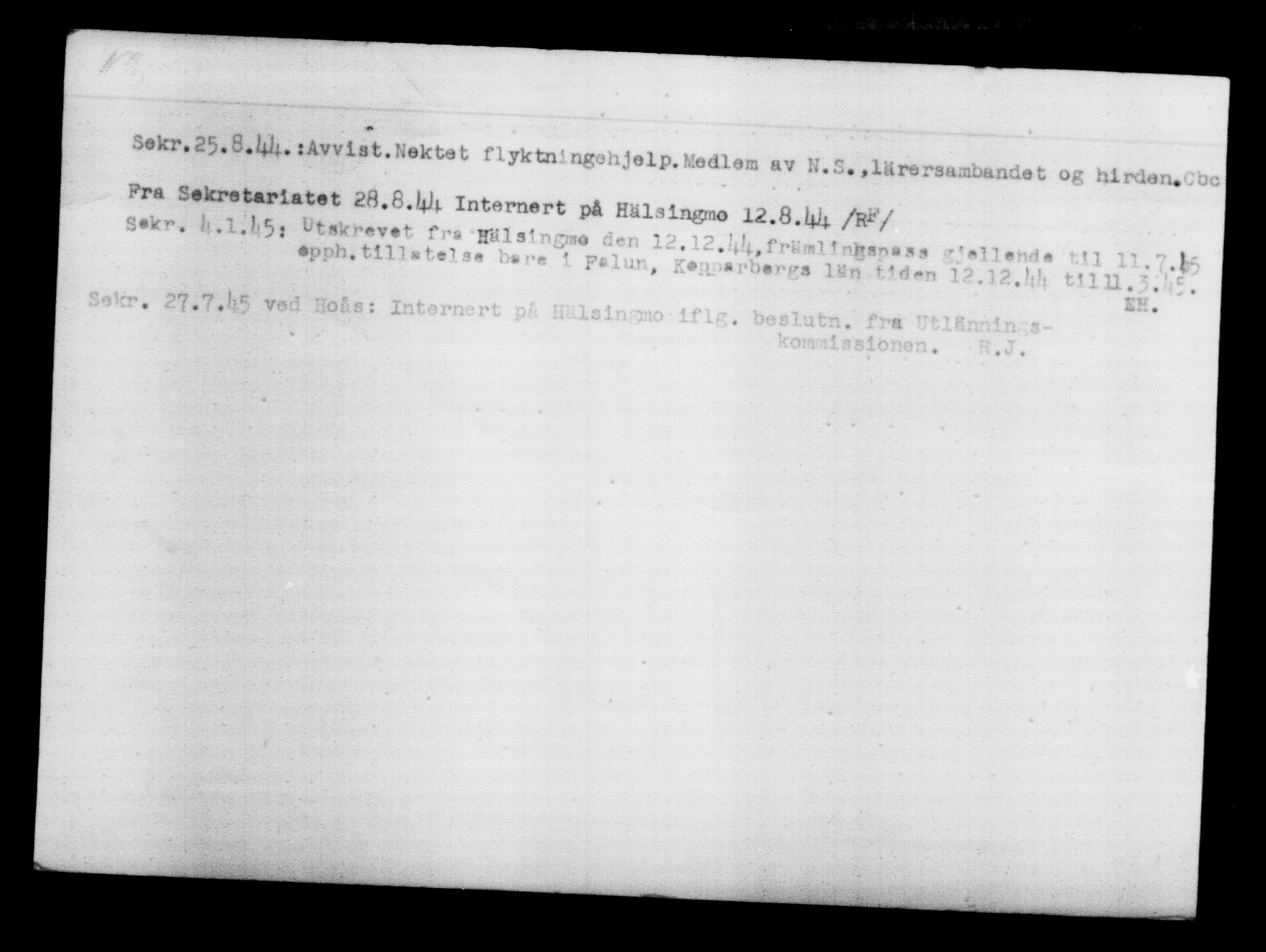 Utenriksstasjonene, Legasjonen i Stockholm, Flyktningkontoret, AV/RA-S-6753/V/Va/L0012: Kjesäterkartoteket, flyktninger med registreringsnr. 28300-31566, 1940-1945, p. 1454