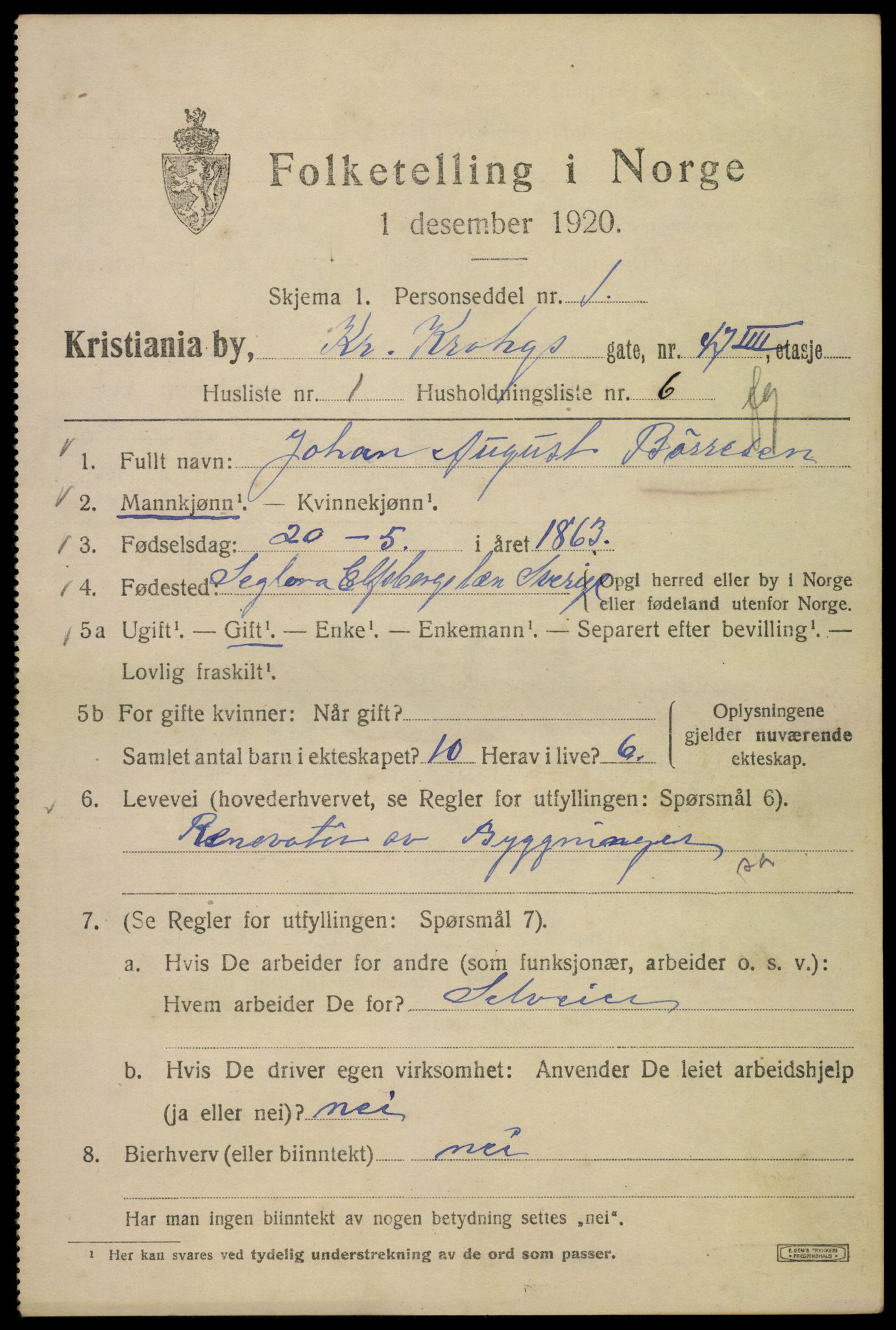 SAO, 1920 census for Kristiania, 1920, p. 184601