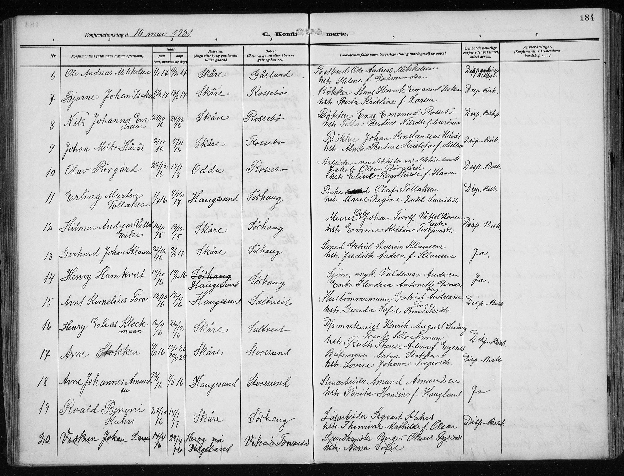 Haugesund sokneprestkontor, AV/SAST-A -101863/H/Ha/Haa/L0010: Parish register (official) no. A 10, 1909-1935, p. 184