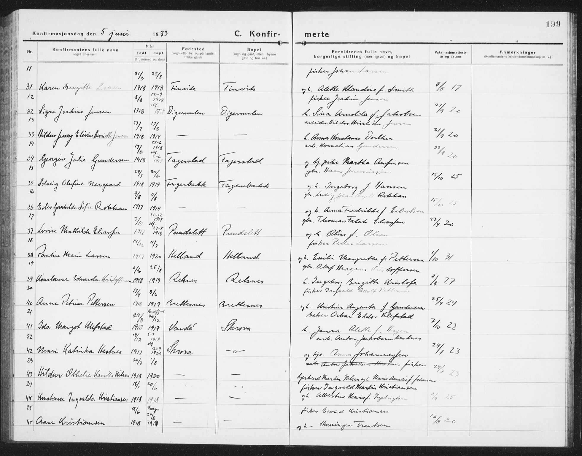 Ministerialprotokoller, klokkerbøker og fødselsregistre - Nordland, AV/SAT-A-1459/874/L1081: Parish register (copy) no. 874C10, 1925-1941, p. 199