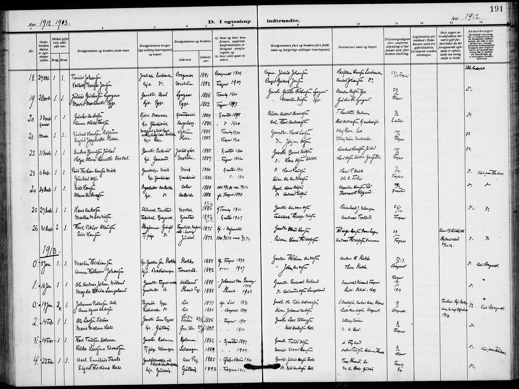 Lier kirkebøker, AV/SAKO-A-230/F/Fa/L0018: Parish register (official) no. I 18, 1909-1917, p. 191