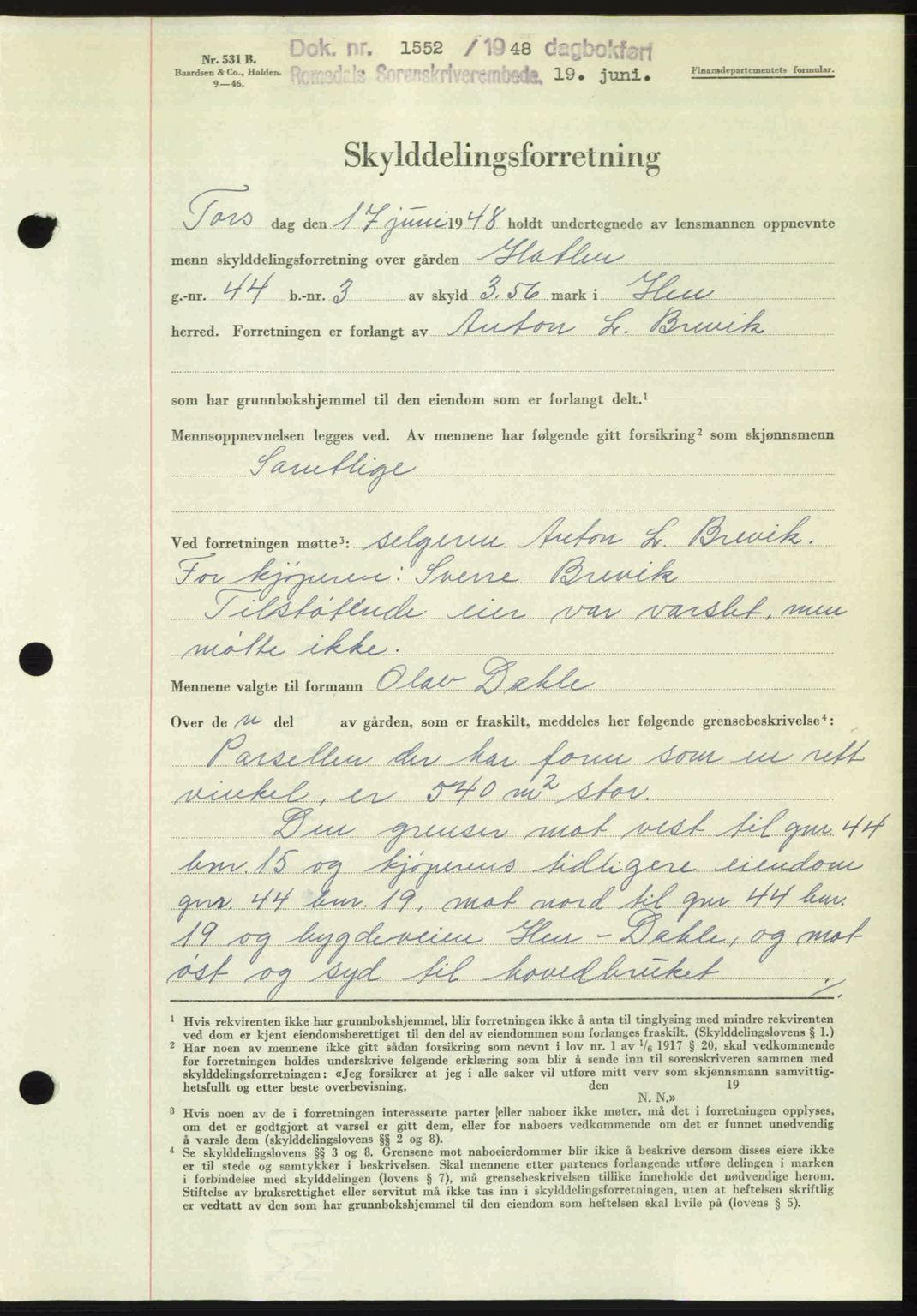 Romsdal sorenskriveri, AV/SAT-A-4149/1/2/2C: Mortgage book no. A26, 1948-1948, Diary no: : 1552/1948