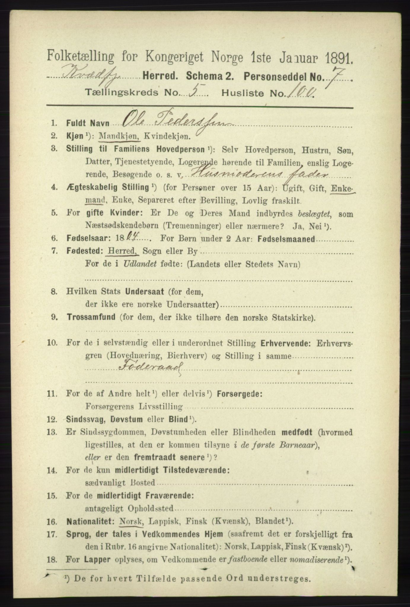 RA, 1891 census for 1911 Kvæfjord, 1891, p. 3473