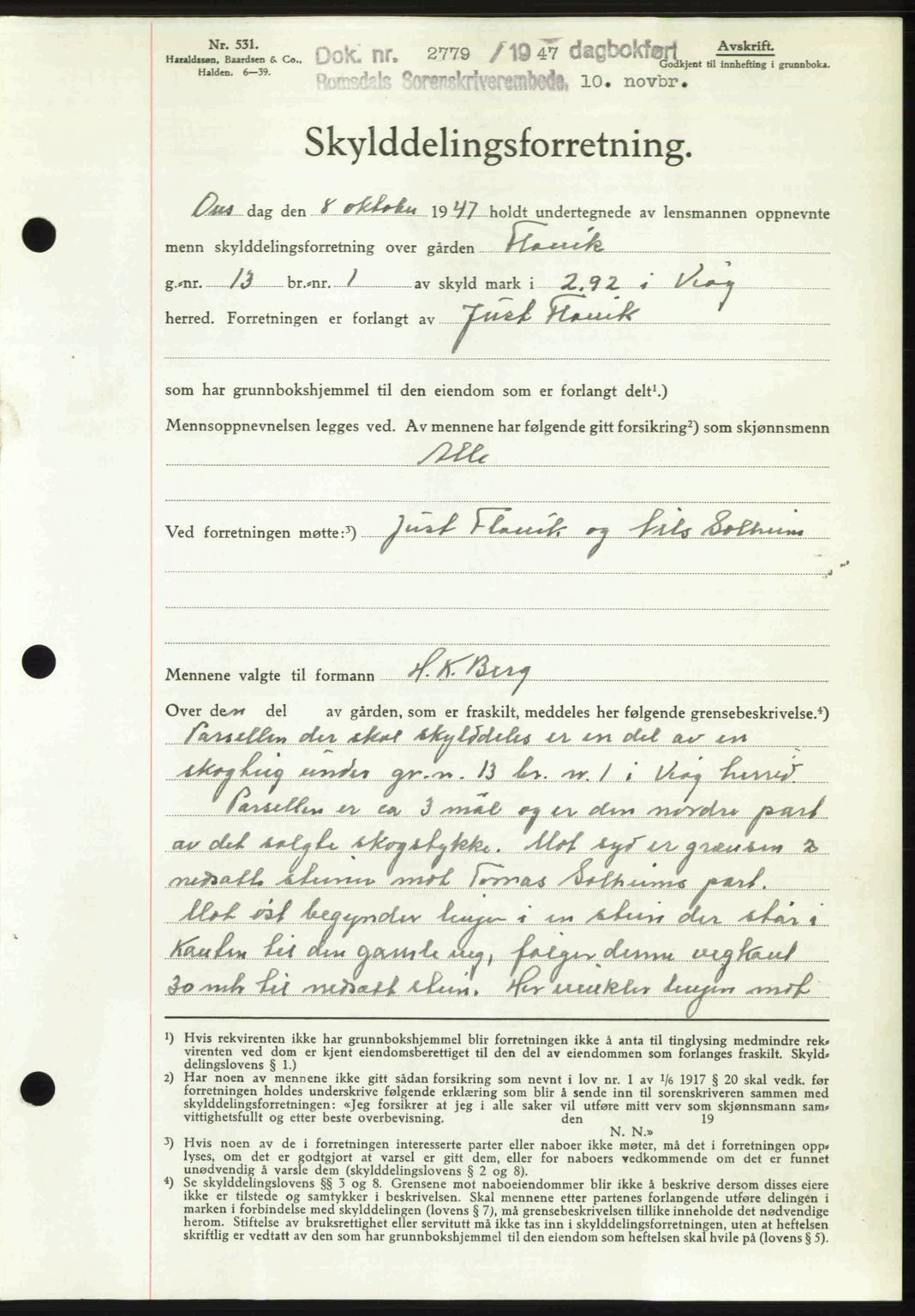 Romsdal sorenskriveri, SAT/A-4149/1/2/2C: Mortgage book no. A24, 1947-1947, Diary no: : 2779/1947