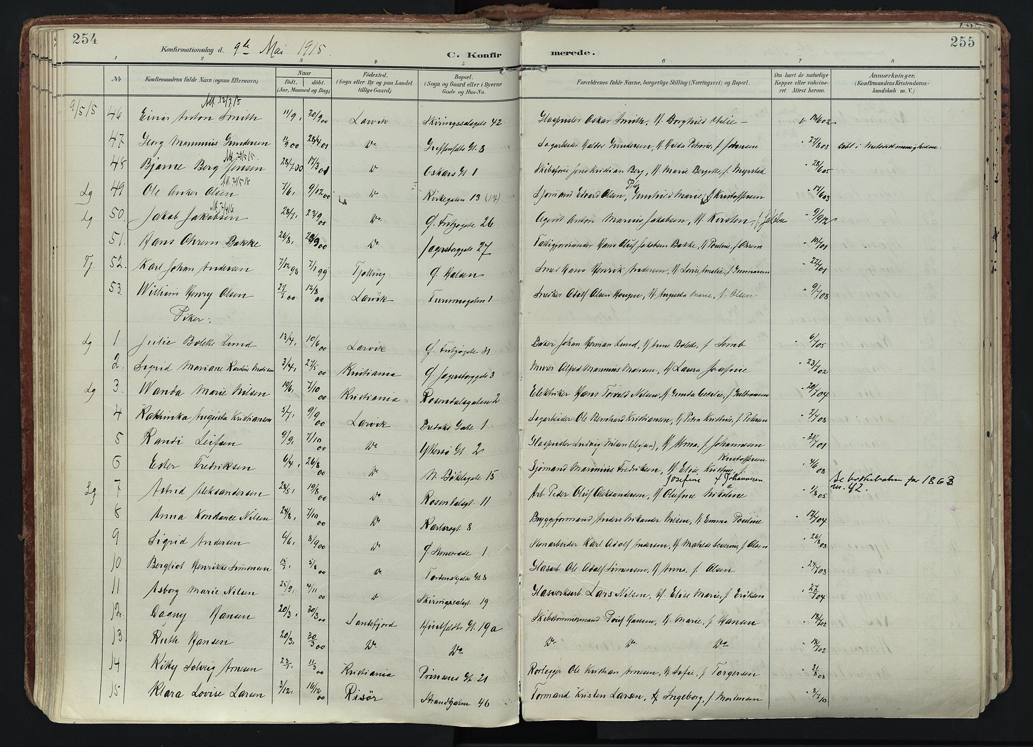 Larvik kirkebøker, SAKO/A-352/F/Fa/L0011: Parish register (official) no. I 11, 1902-1922, p. 254-255