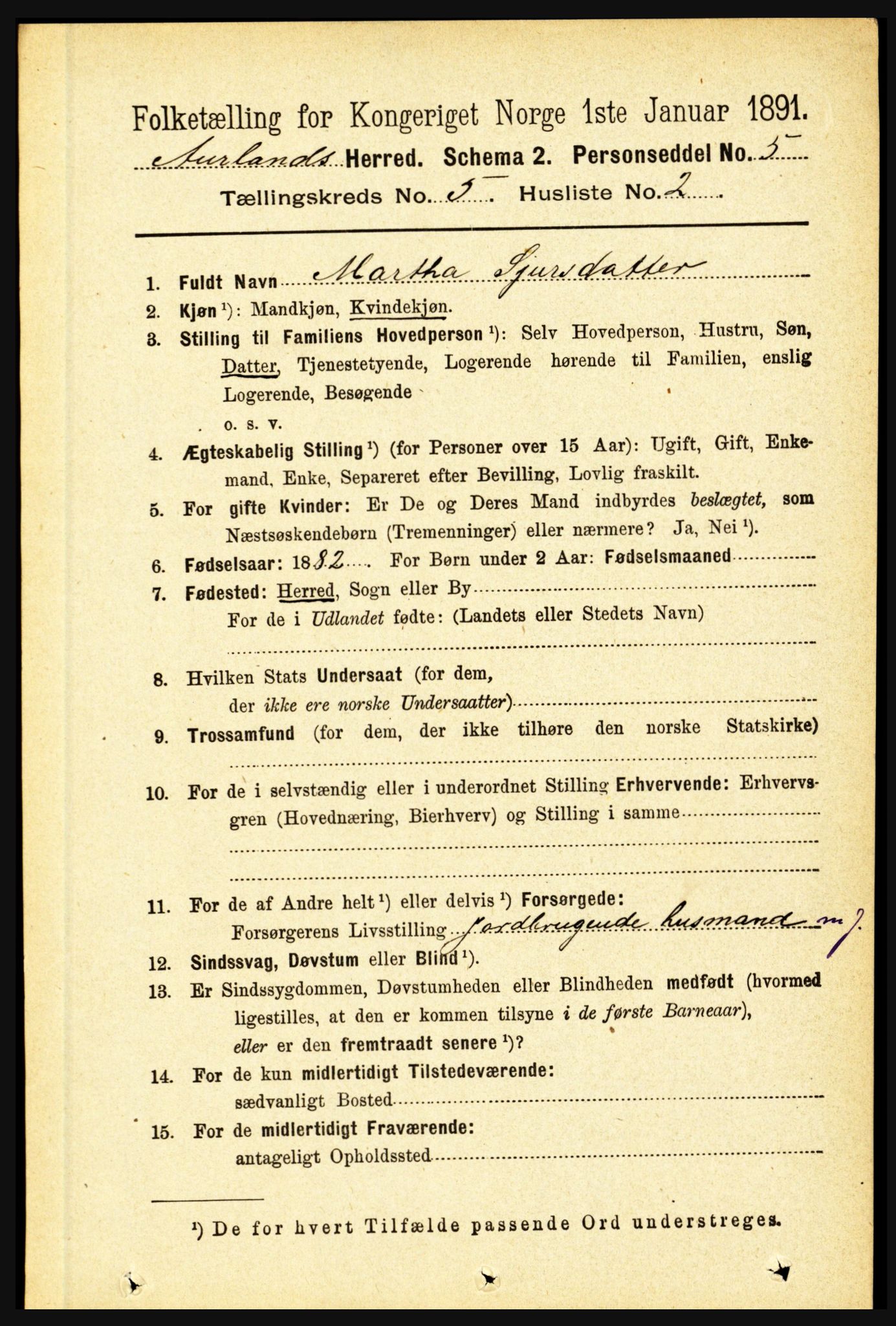 RA, 1891 census for 1421 Aurland, 1891, p. 1795