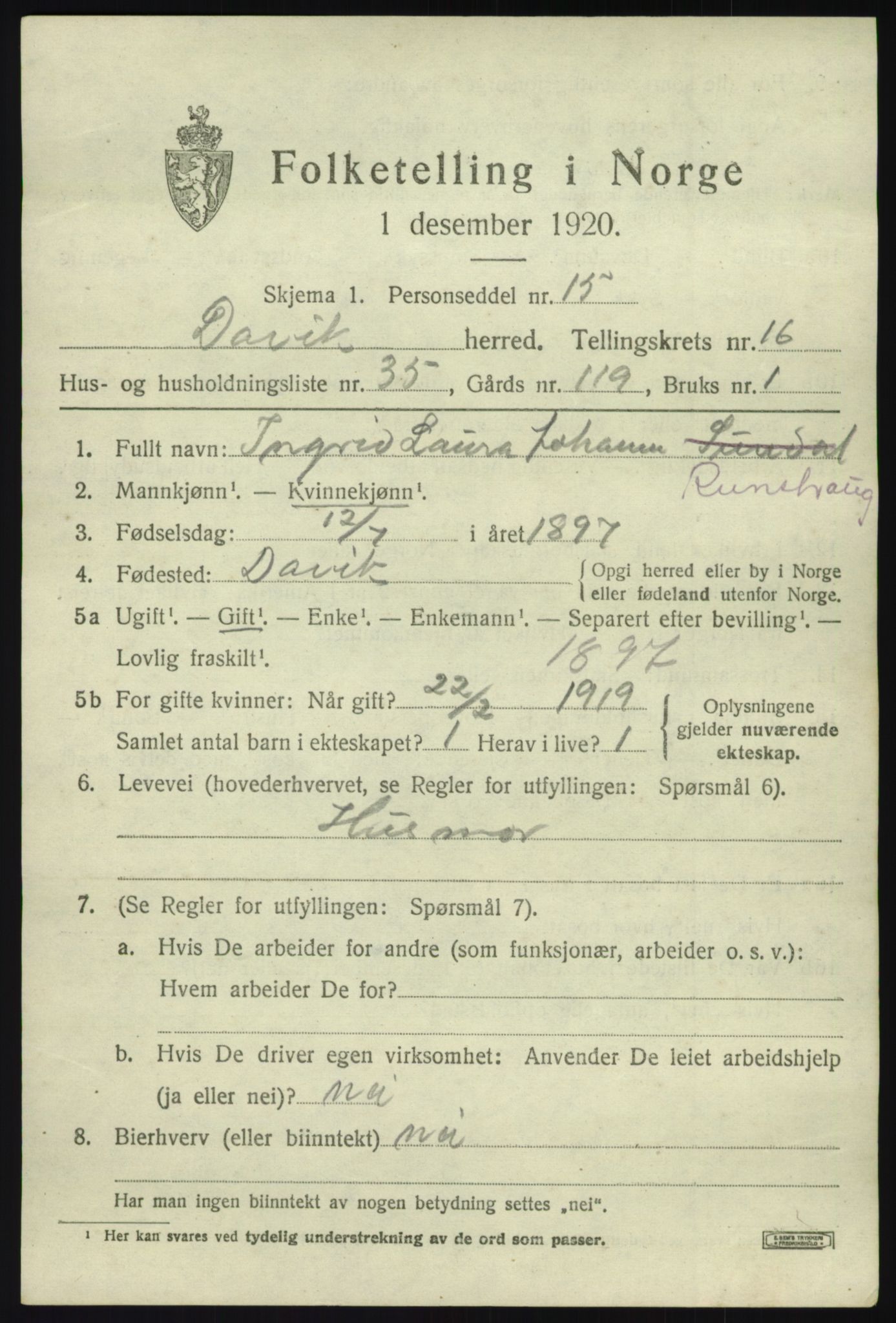 SAB, 1920 census for Davik, 1920, p. 7671