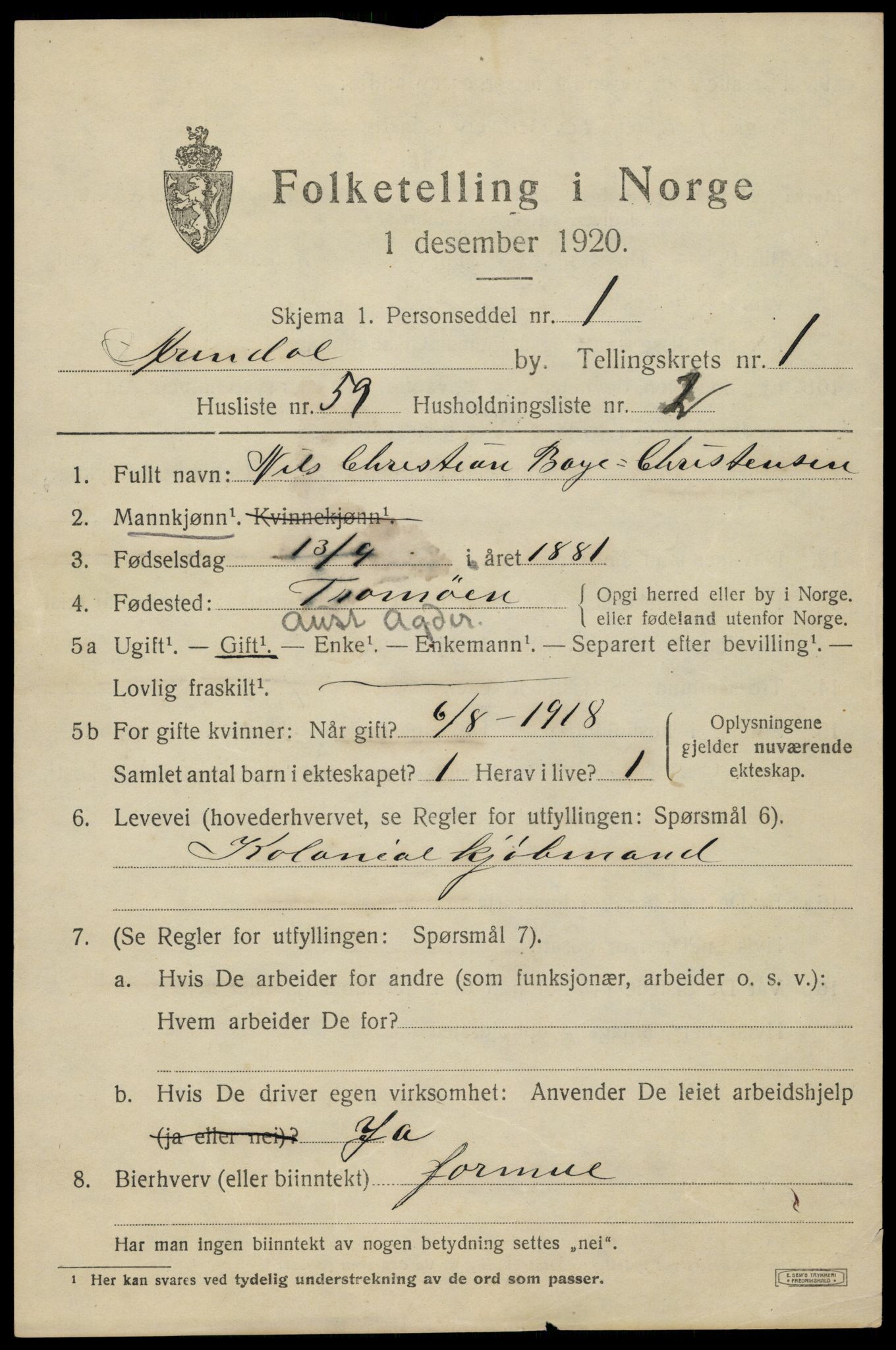 SAK, 1920 census for Arendal, 1920, p. 9998