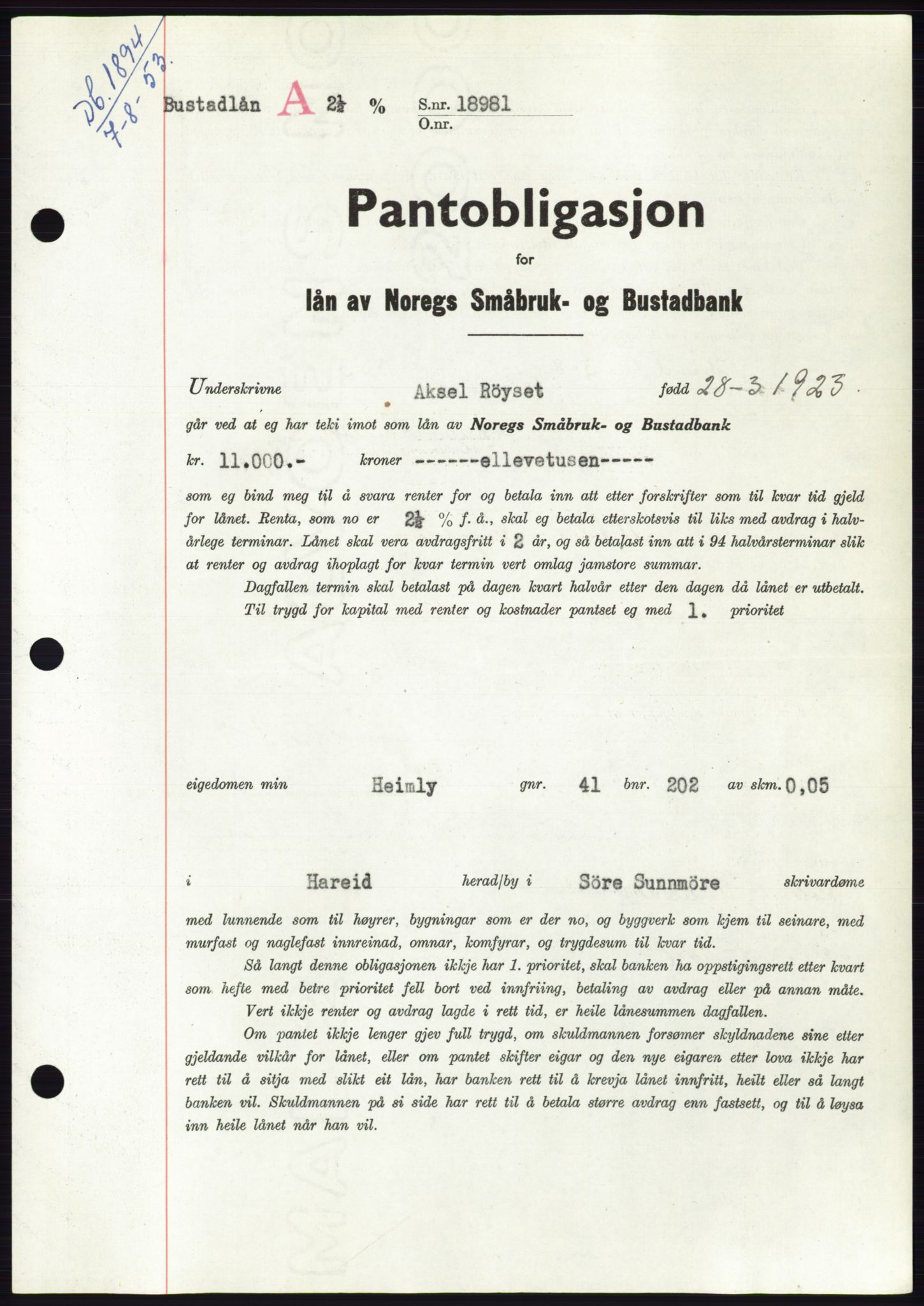 Søre Sunnmøre sorenskriveri, AV/SAT-A-4122/1/2/2C/L0123: Mortgage book no. 11B, 1953-1953, Diary no: : 1894/1953