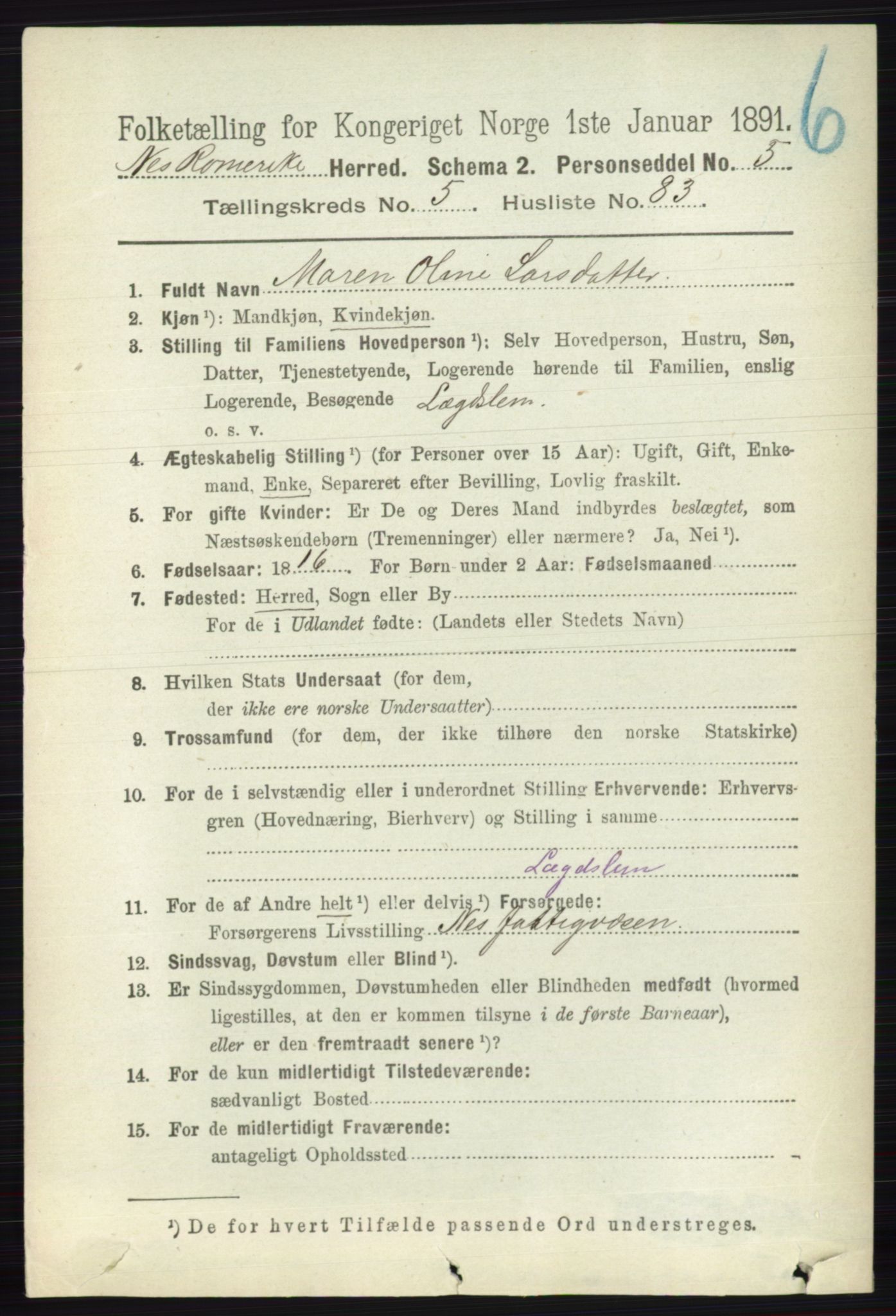 RA, 1891 census for 0236 Nes, 1891, p. 3298