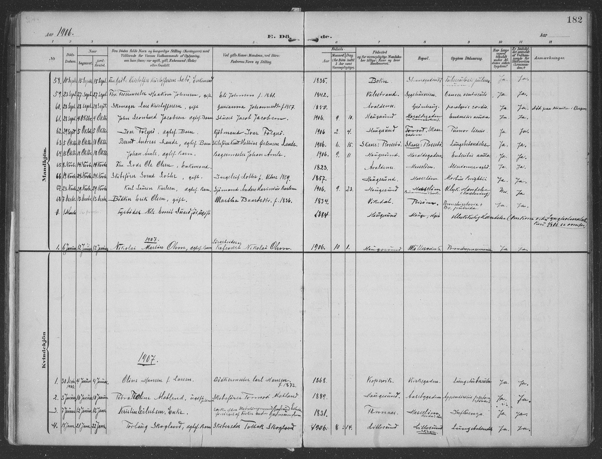 Haugesund sokneprestkontor, SAST/A -101863/H/Ha/Haa/L0007: Parish register (official) no. A 7, 1904-1916, p. 182