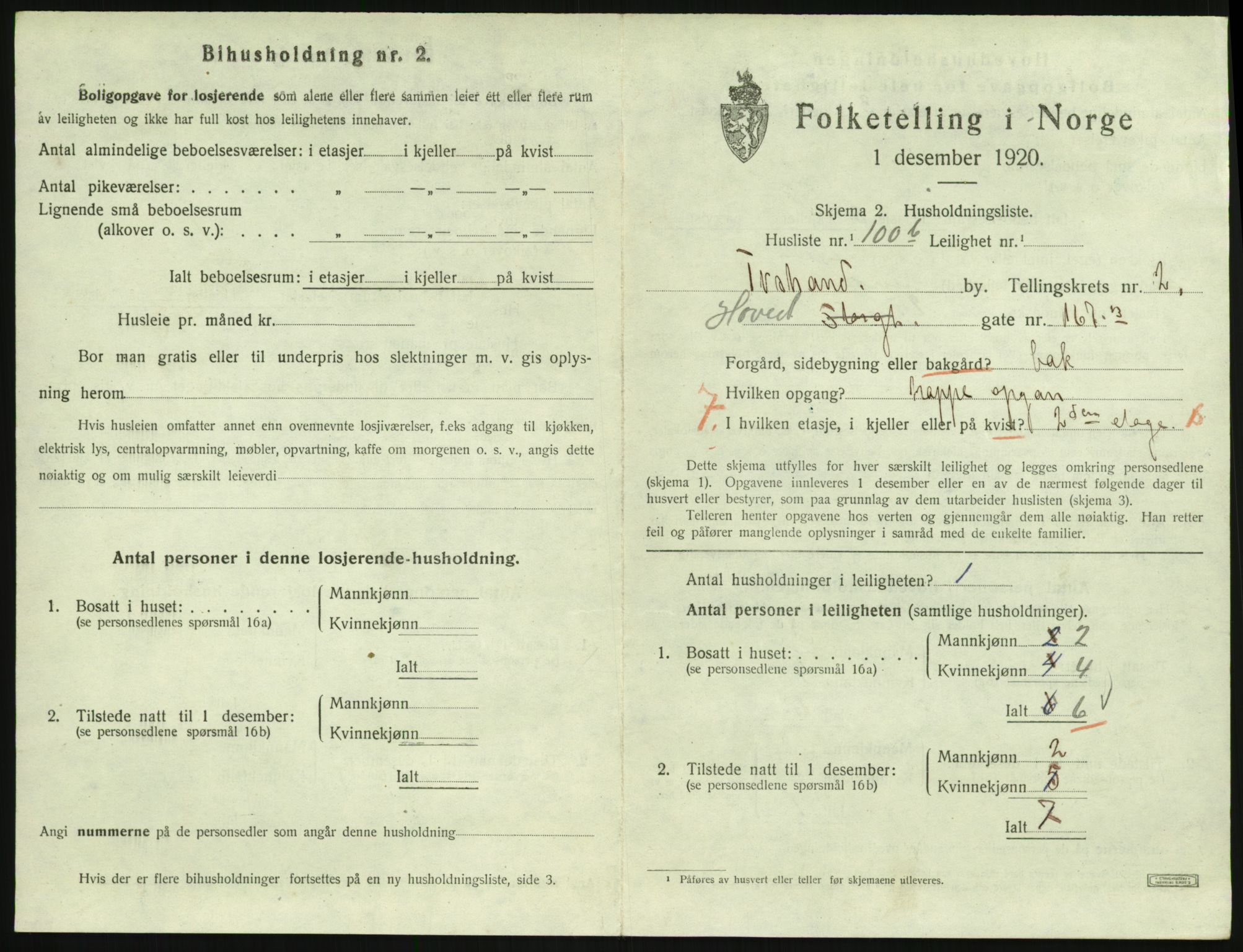 SAK, 1920 census for Tvedestrand, 1920, p. 1195