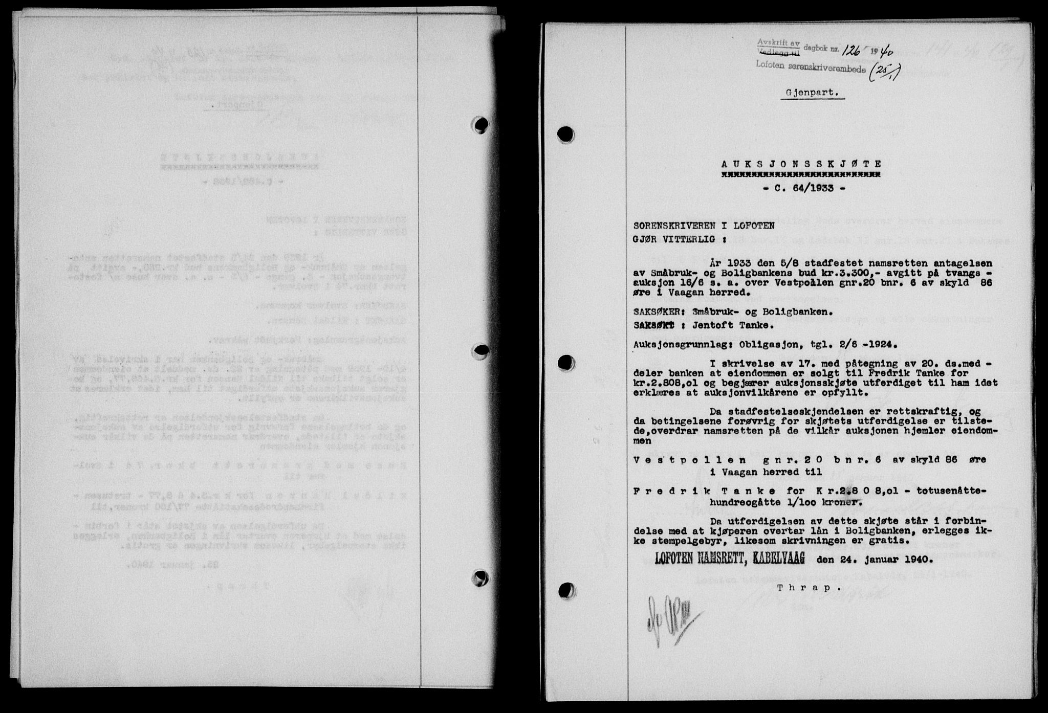 Lofoten sorenskriveri, SAT/A-0017/1/2/2C/L0007a: Mortgage book no. 7a, 1939-1940, Diary no: : 126/1940